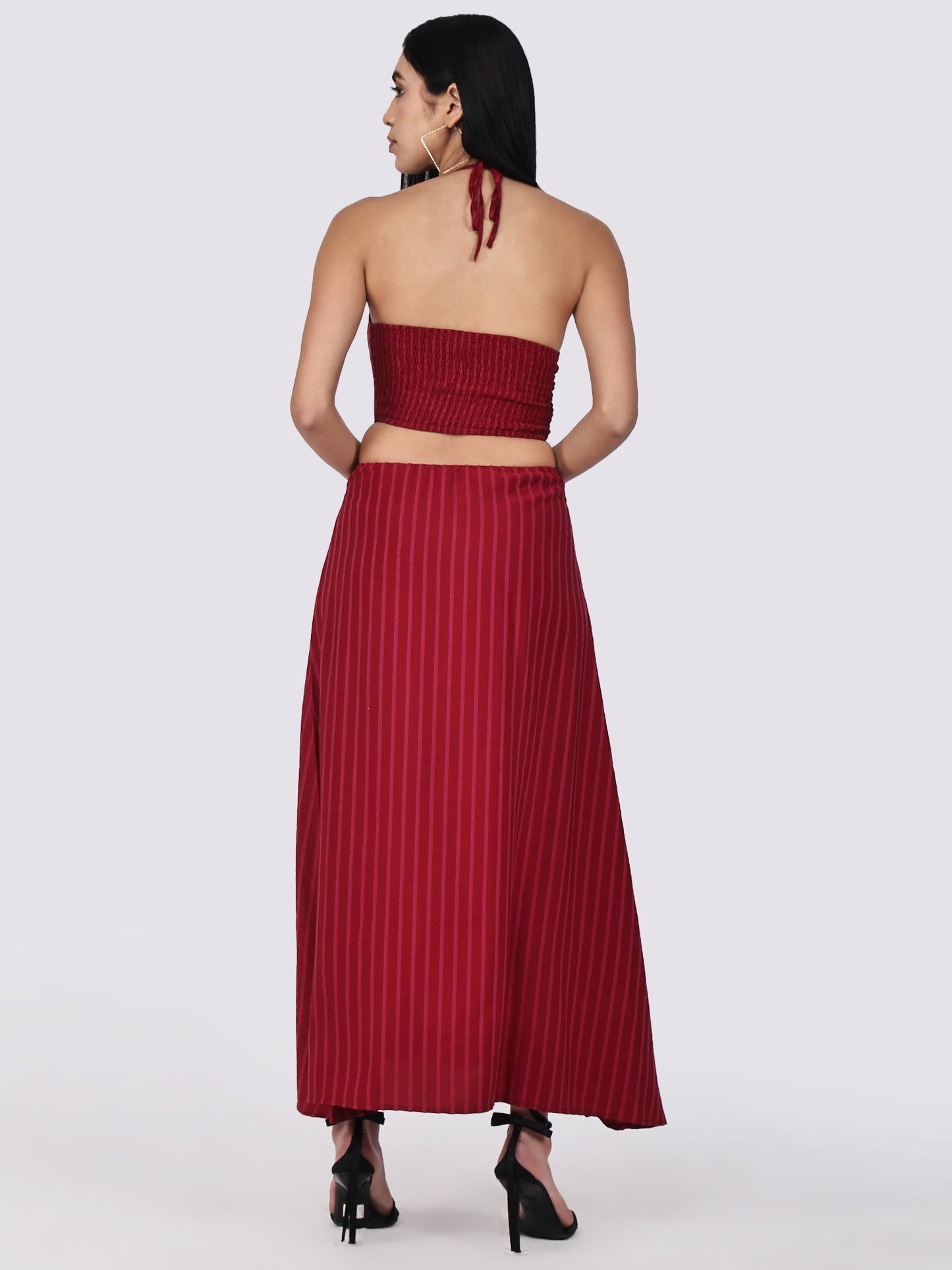 Scarlet Pinstriped Tie Back Dress