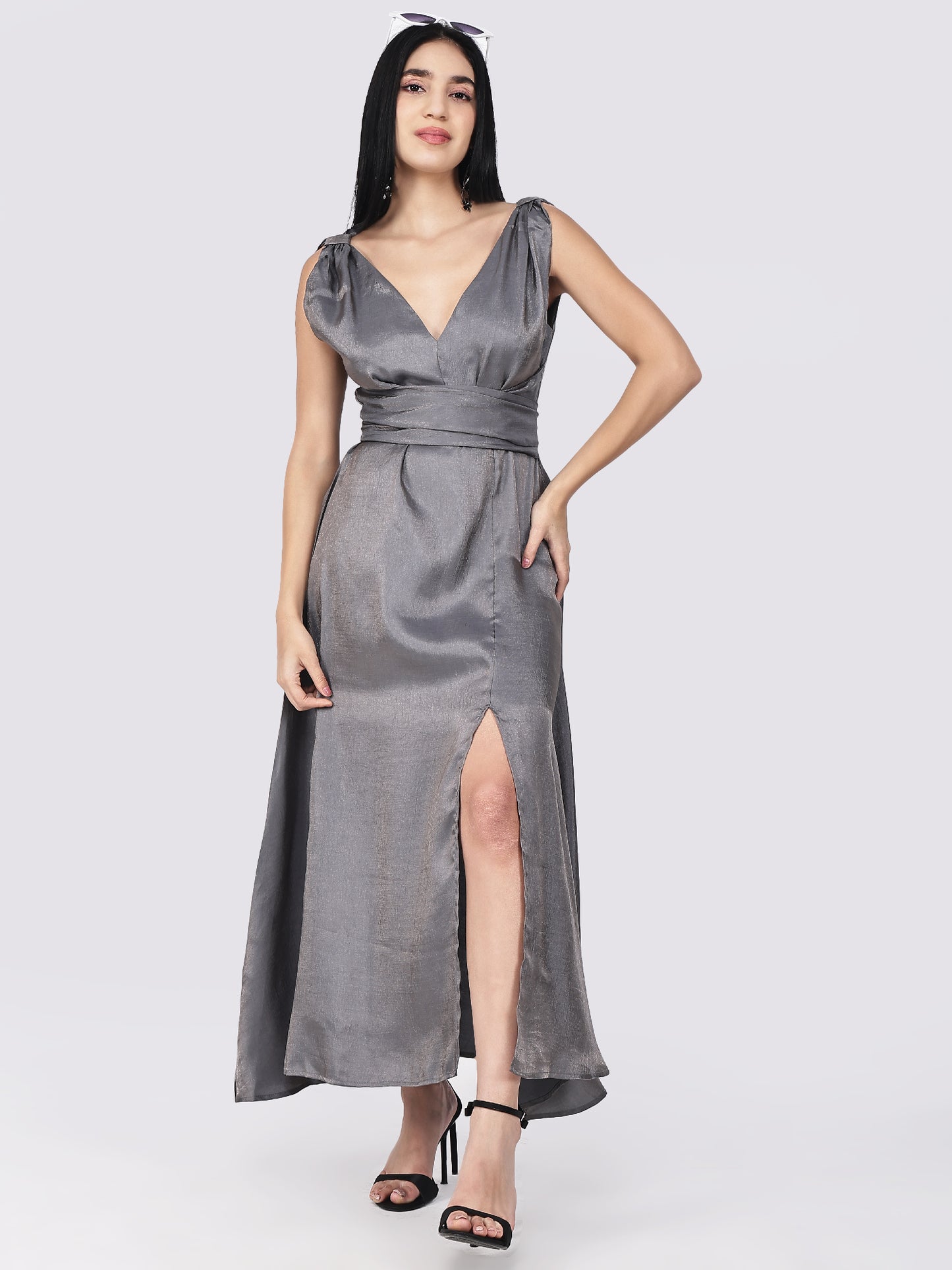 Lustrous Silk Wrap Party Wear Gown-Grey