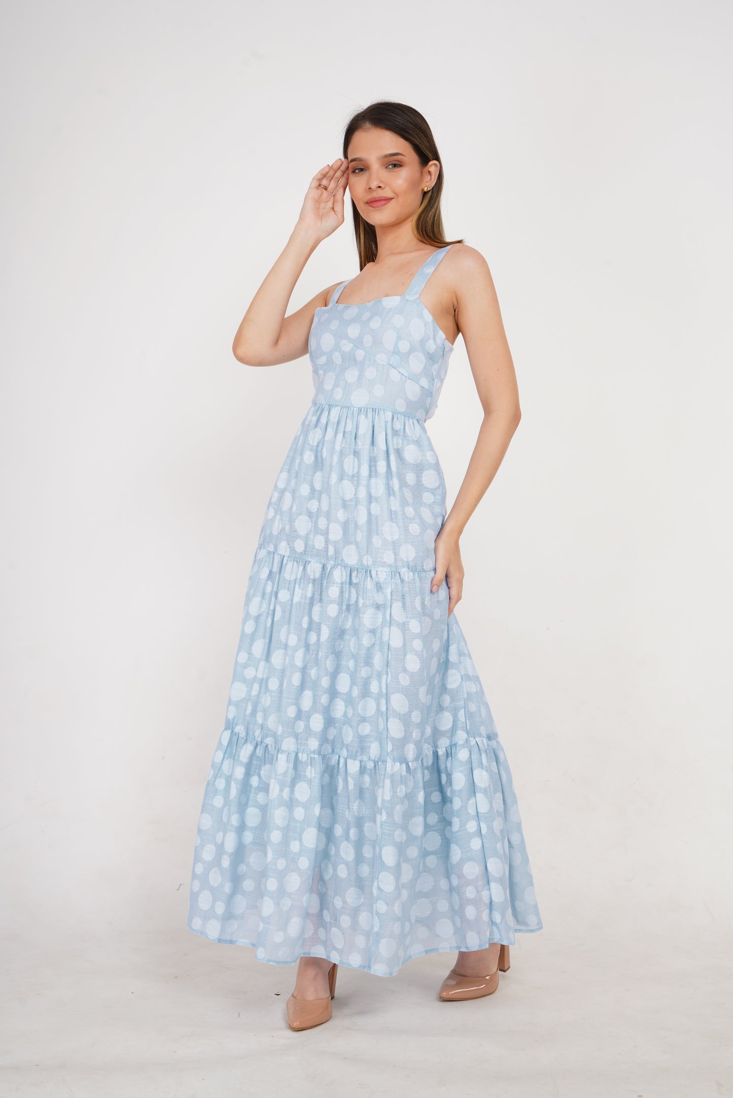 Skyblue Polka Dots Linen Maxi Dress