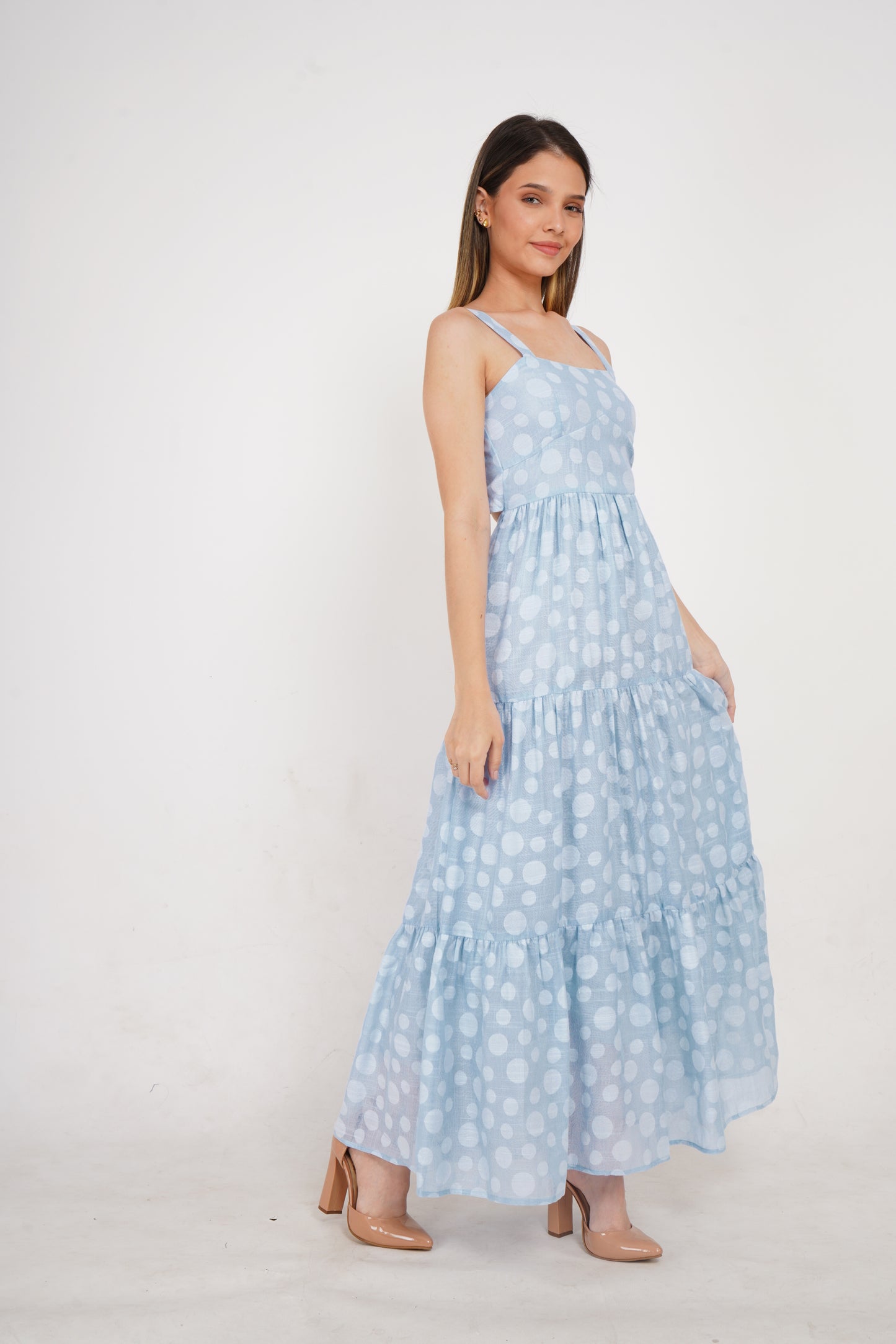 Skyblue Polka Dots Linen Maxi Dress