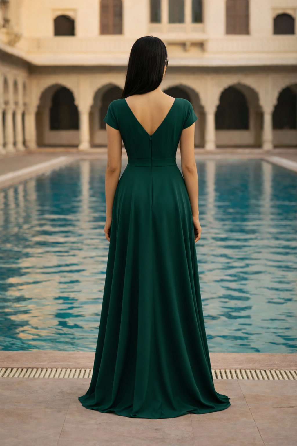 Women’s Solid Emerald Green Maxi Dress | V-Neck Fit & Flare Long Dress | Party, Evening & Resort Wear