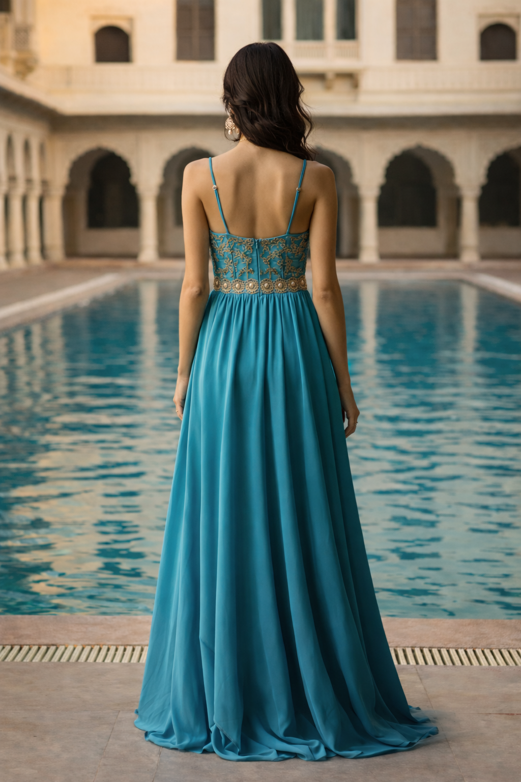 Women’s Teal Blue Embroidered Maxi Dress with Slit | Spaghetti Strap Party & Evening Gown