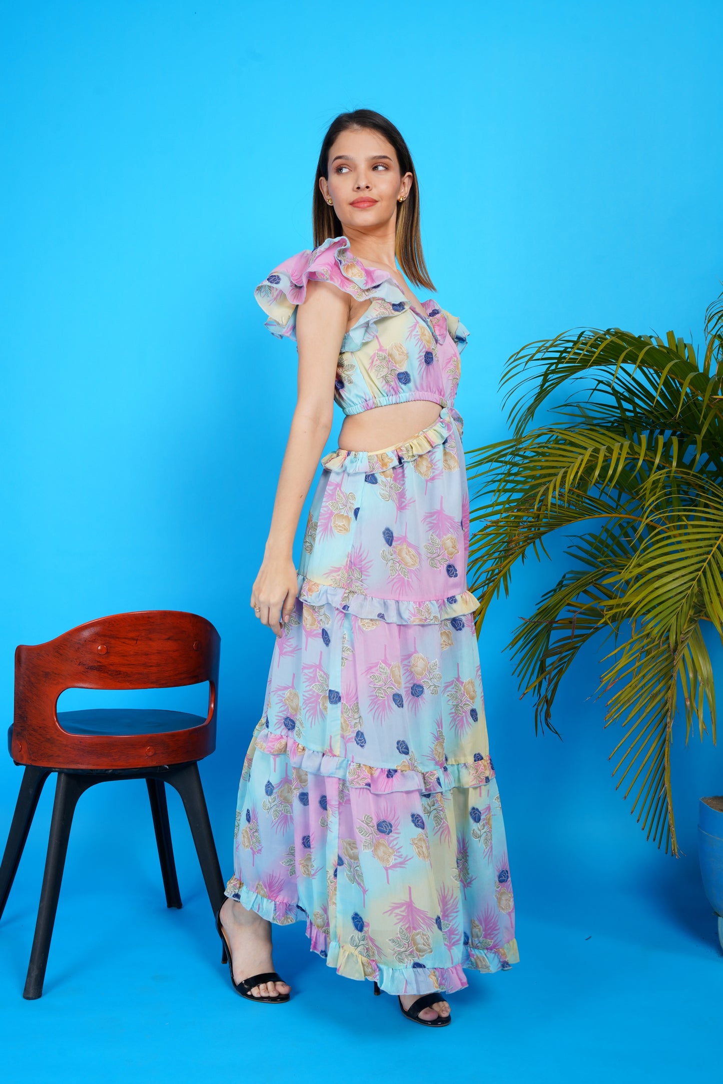 Pastel Bloom Chiffon Cut Out Maxi Dress