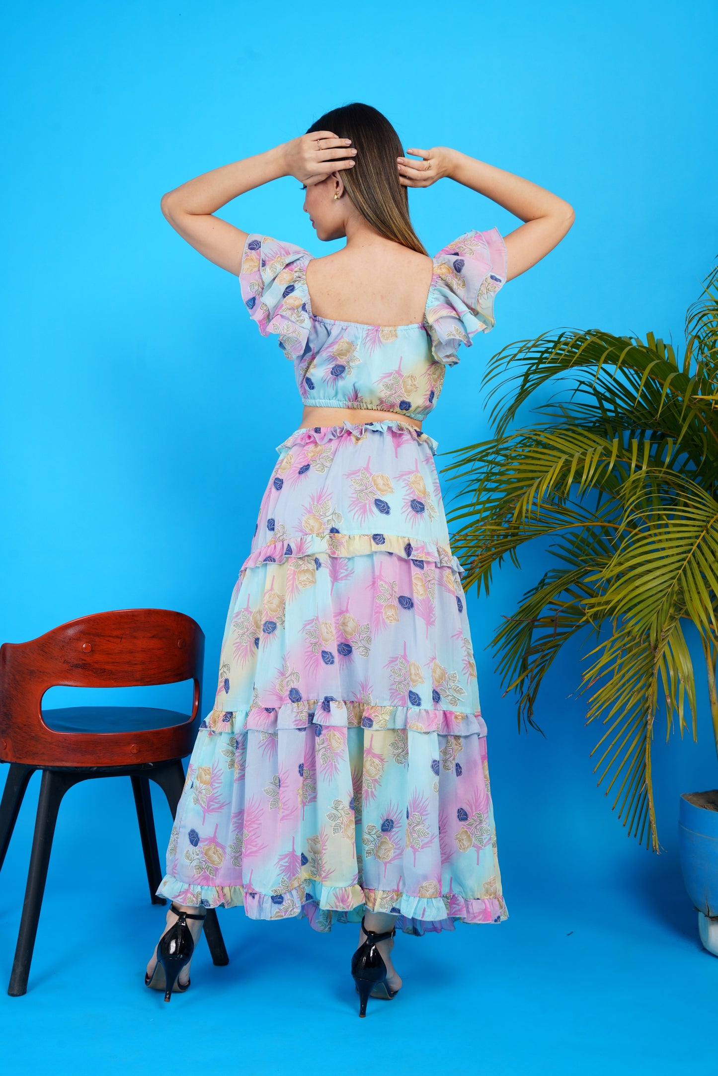Pastel Bloom Chiffon Cut Out Maxi Dress