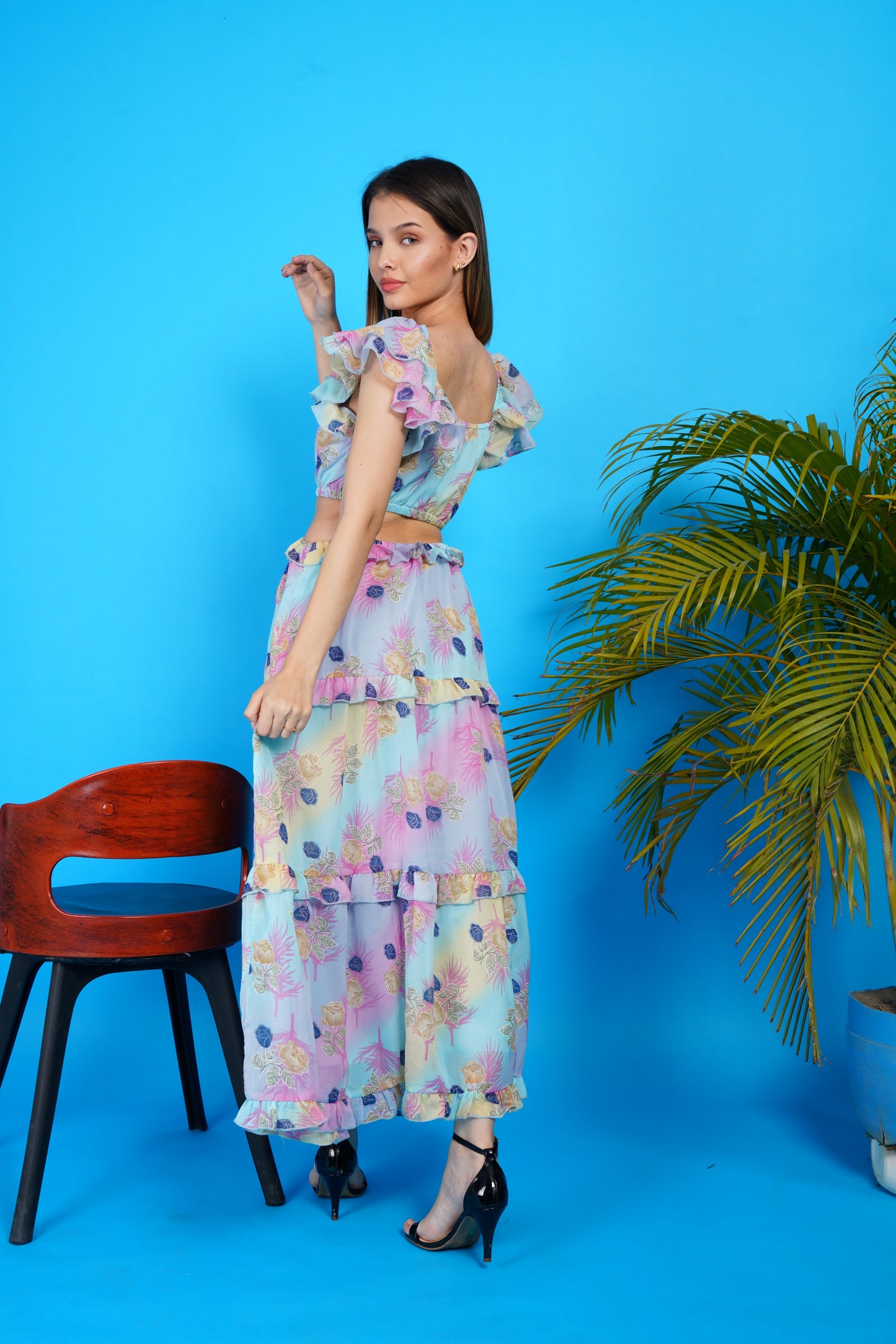Pastel Bloom Chiffon Cut Out Maxi Dress