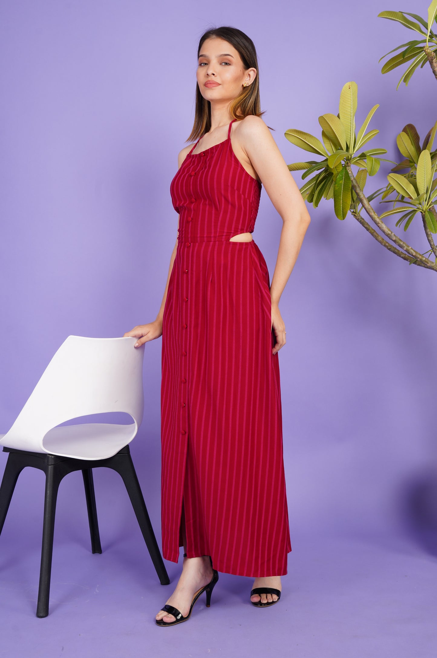 Scarlet Pinstriped Tie Back Dress