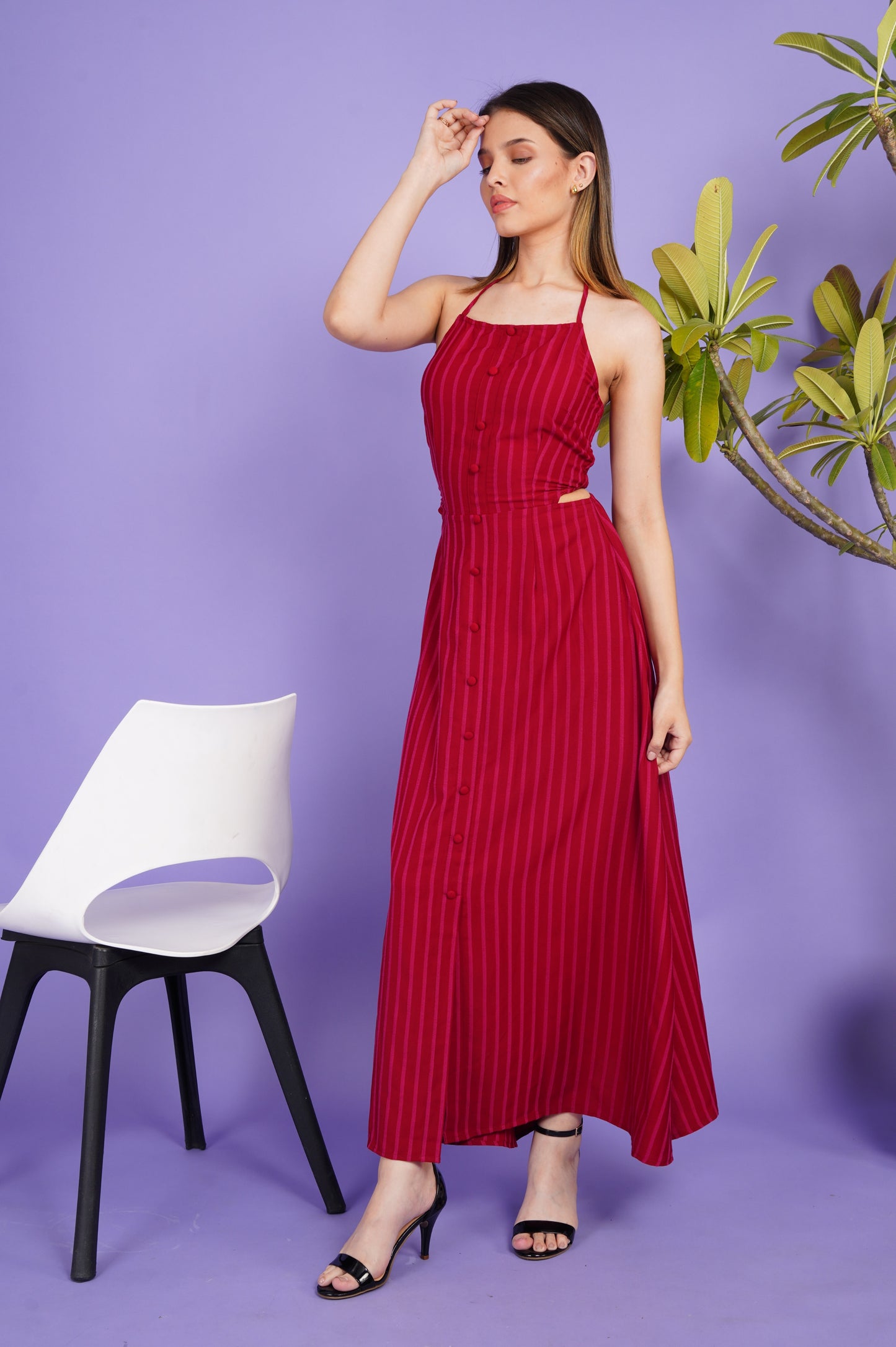 Scarlet Pinstriped Tie Back Dress