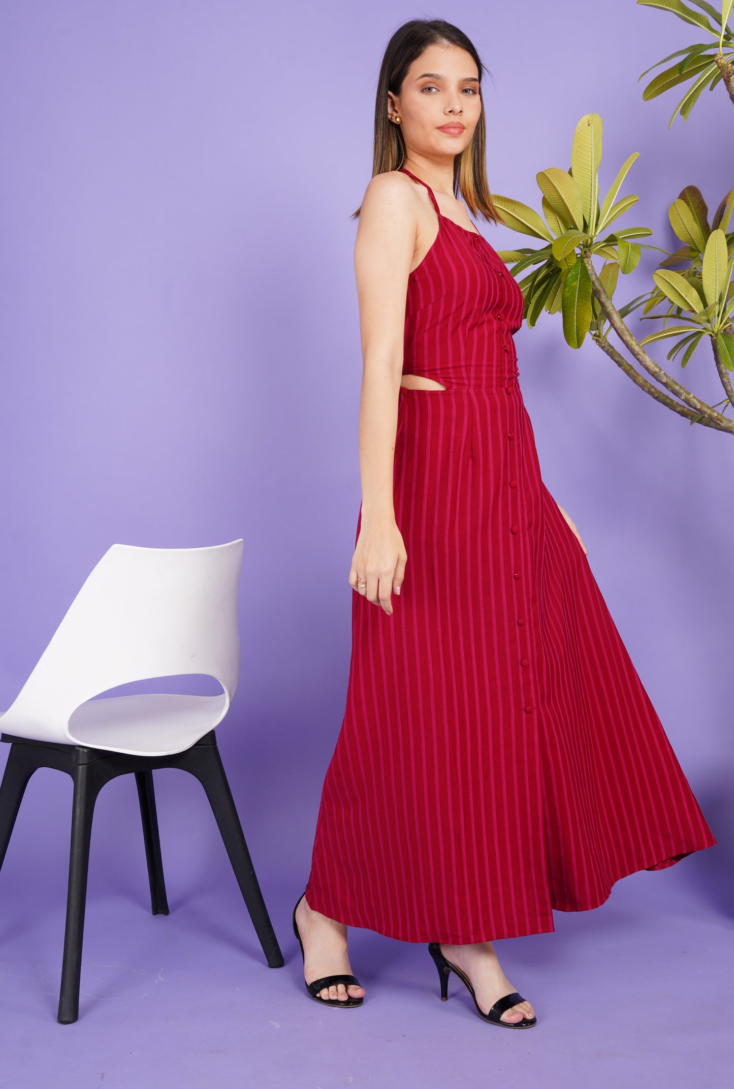 Scarlet Pinstriped Tie Back Dress