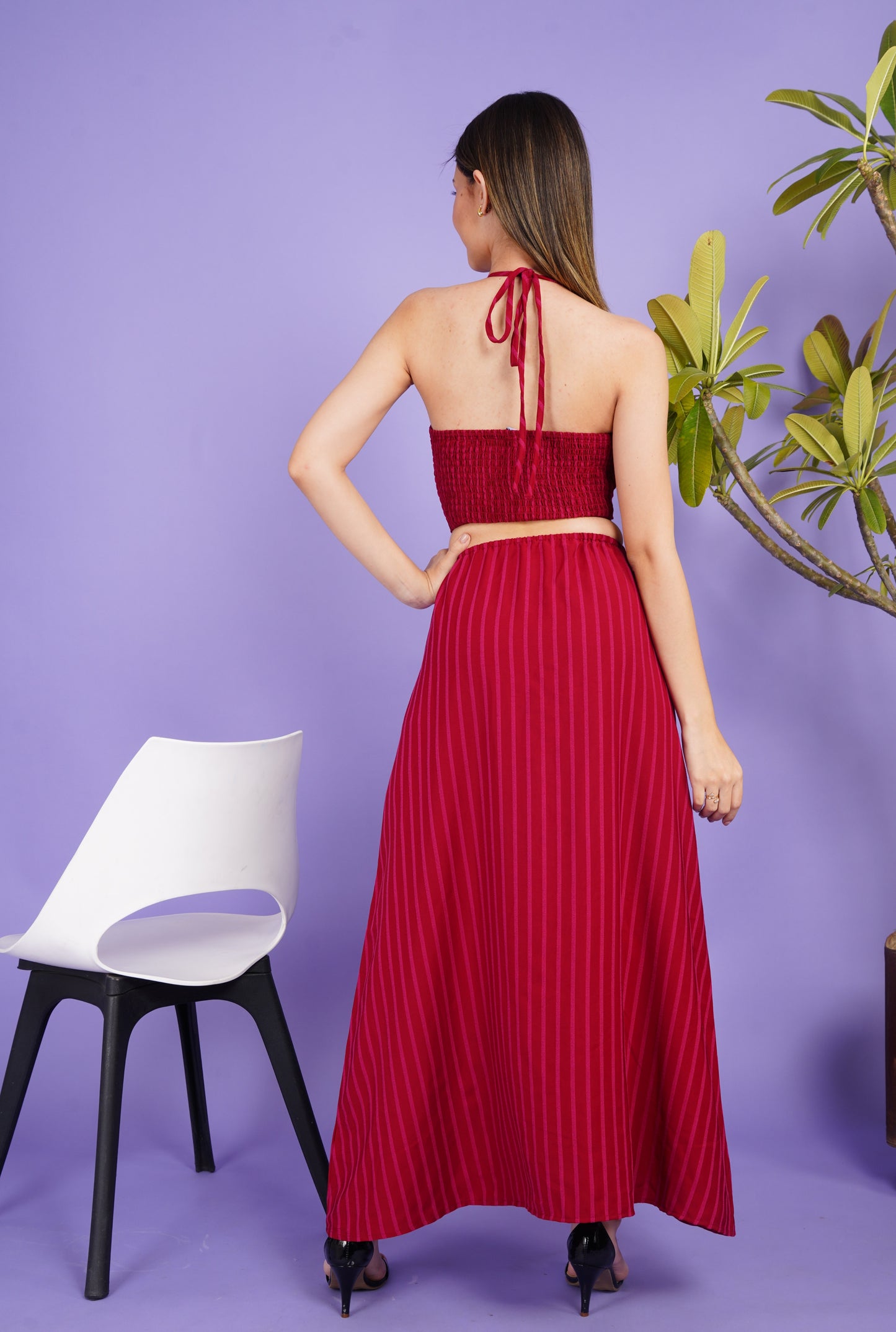 Scarlet Pinstriped Tie Back Dress
