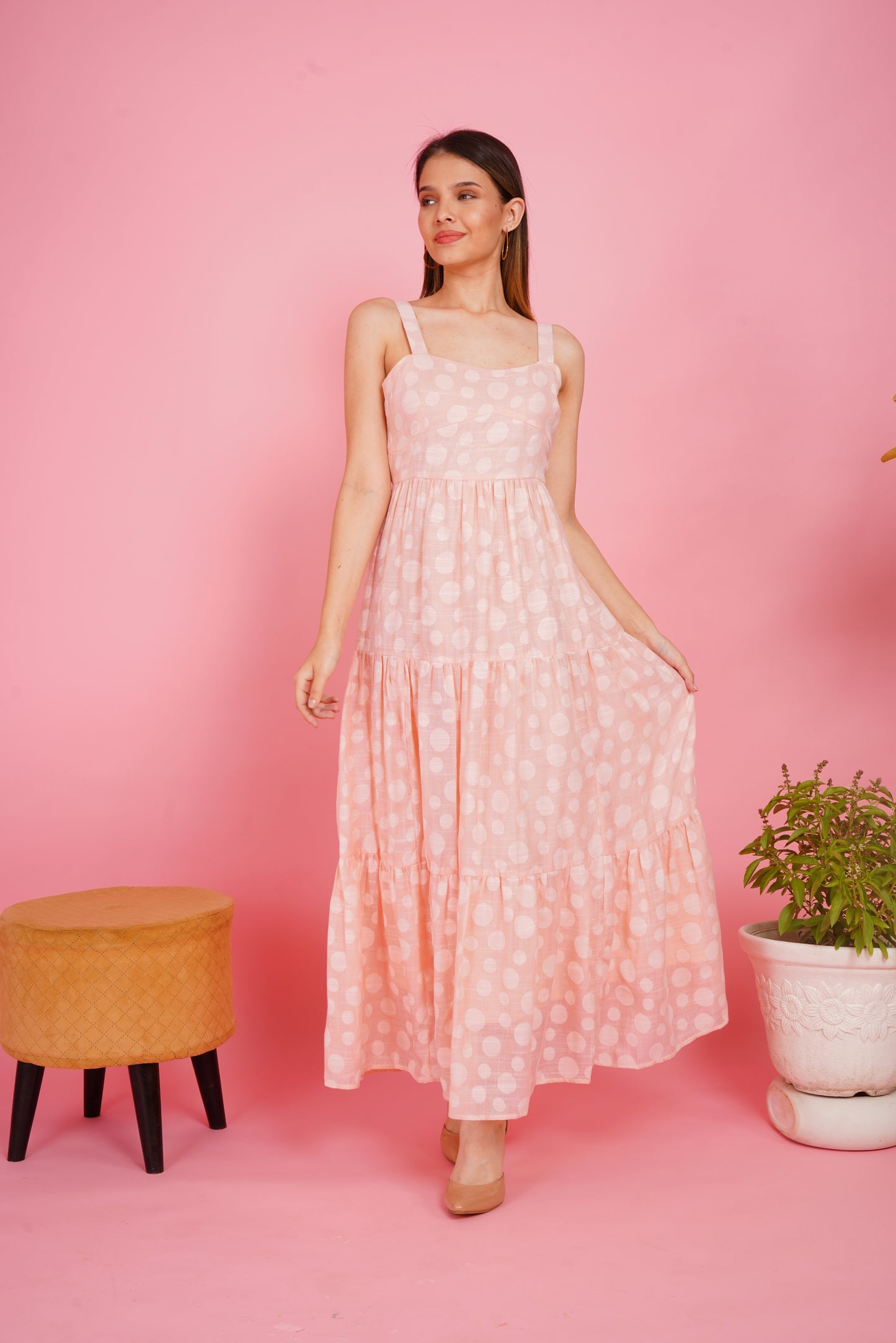 Peach Polka Dots Linen Maxi Dress