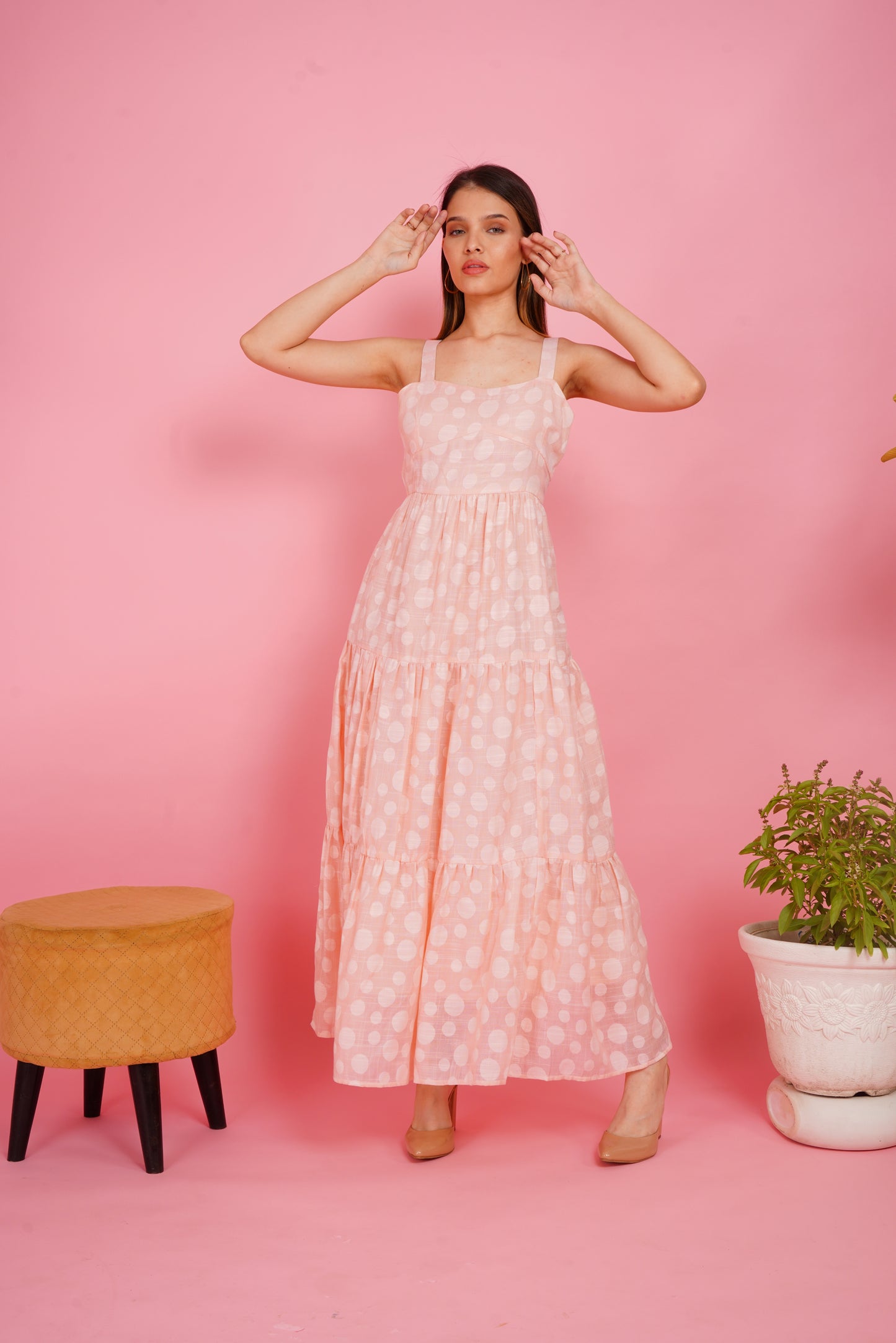 Peach Polka Dots Linen Maxi Dress