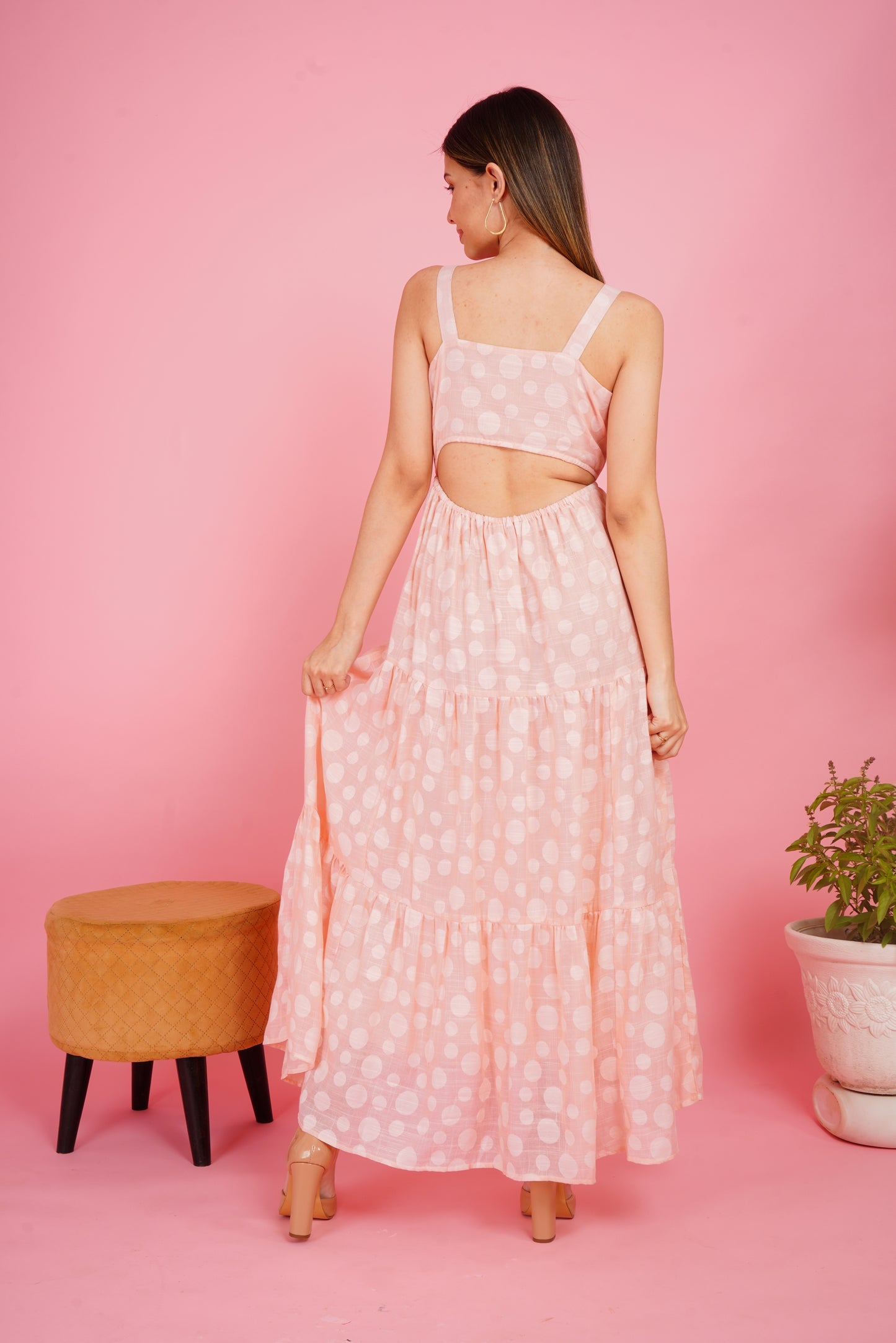 Peach Polka Dots Linen Maxi Dress