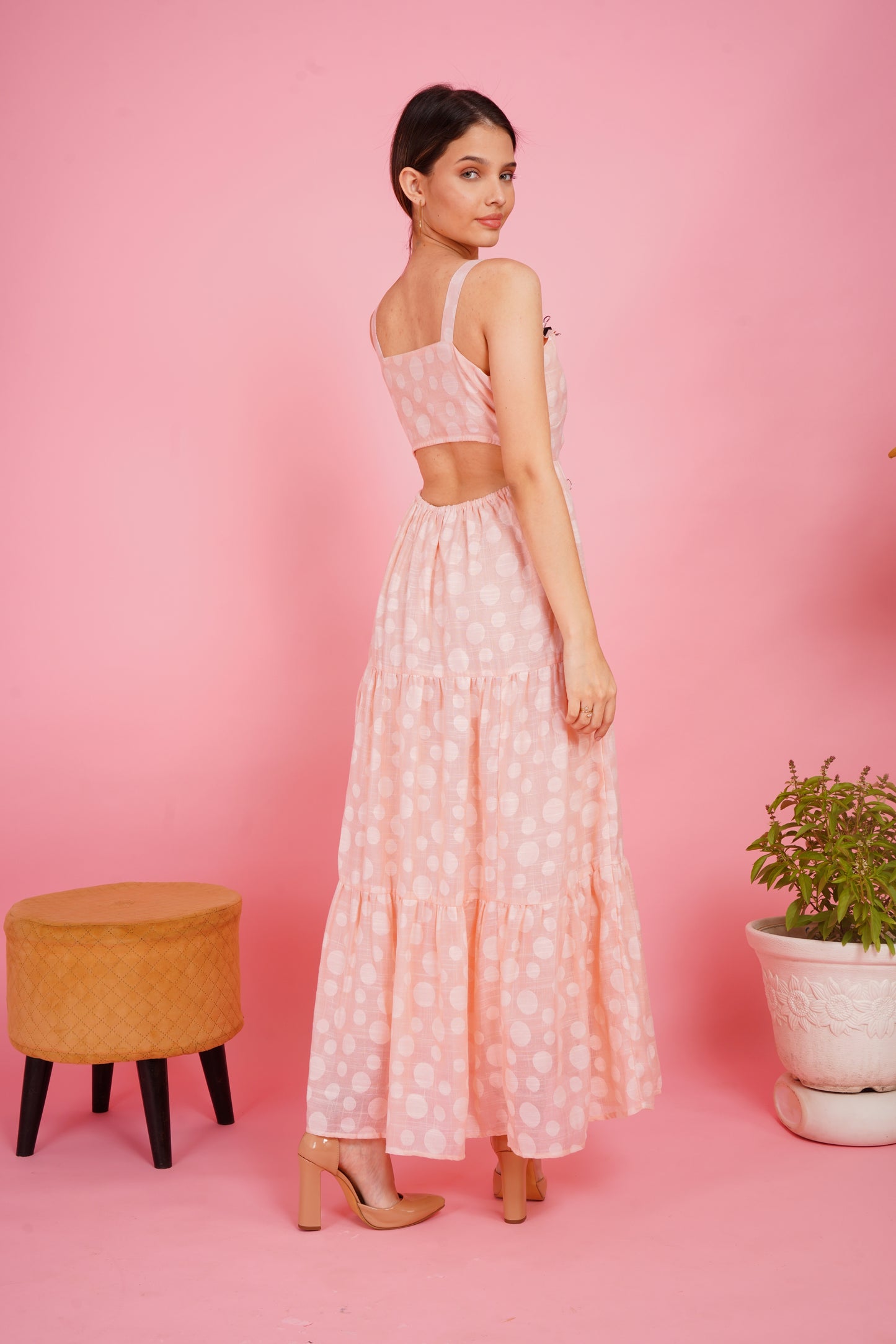 Peach Polka Dots Linen Maxi Dress