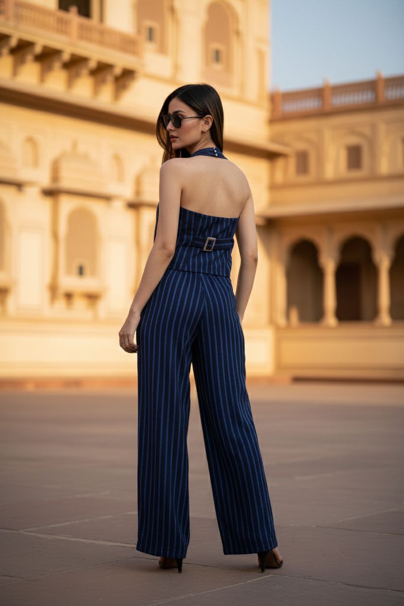 Navy Blue Pinstripe Co-ord set I Half Backless vest With pants