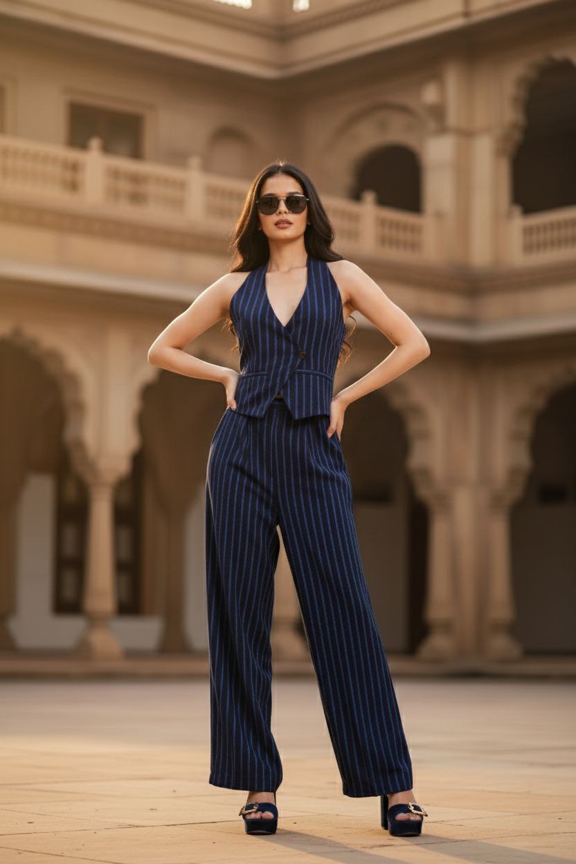 Navy Blue Pinstripe Co-ord set I Half Backless vest With pants