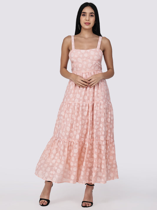 Peach Polka Dots Linen Maxi Dress