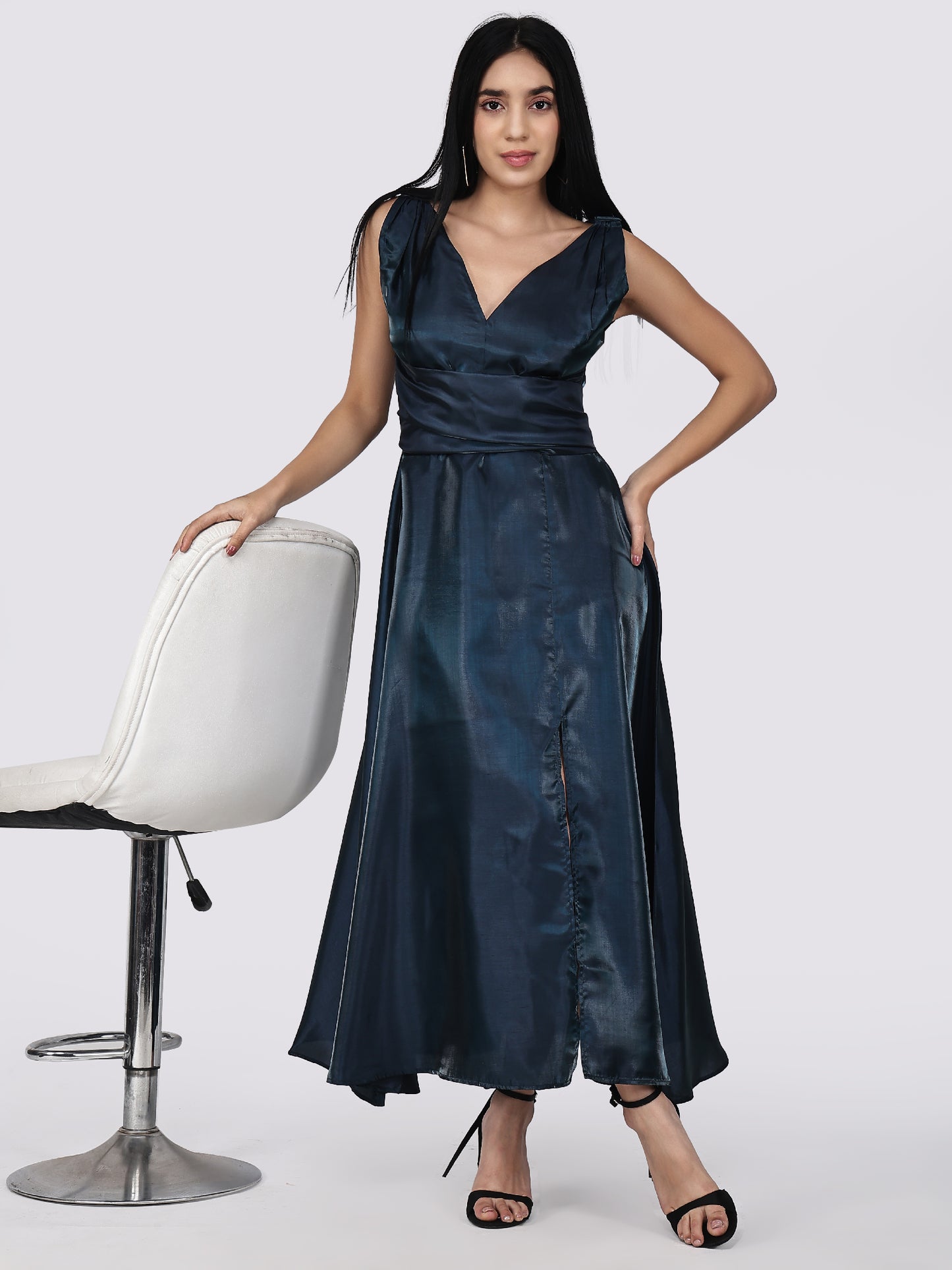 Lustrous Silk Wrap  Gown-Green