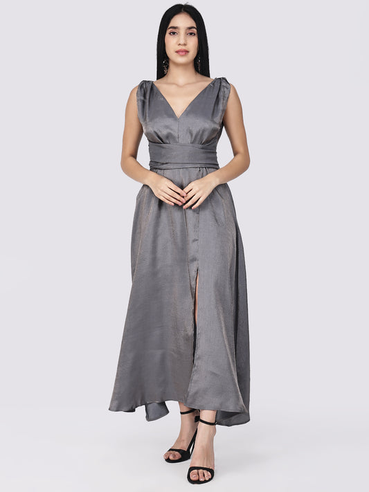 Lustrous Silk Wrap Party Wear Gown-Grey