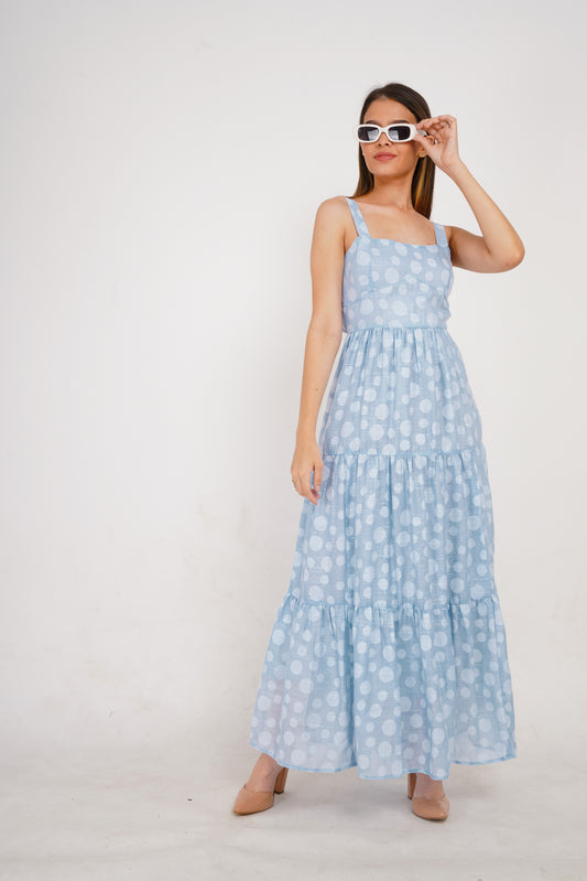 Azure Polka Dots  Linen Maxi Dress
