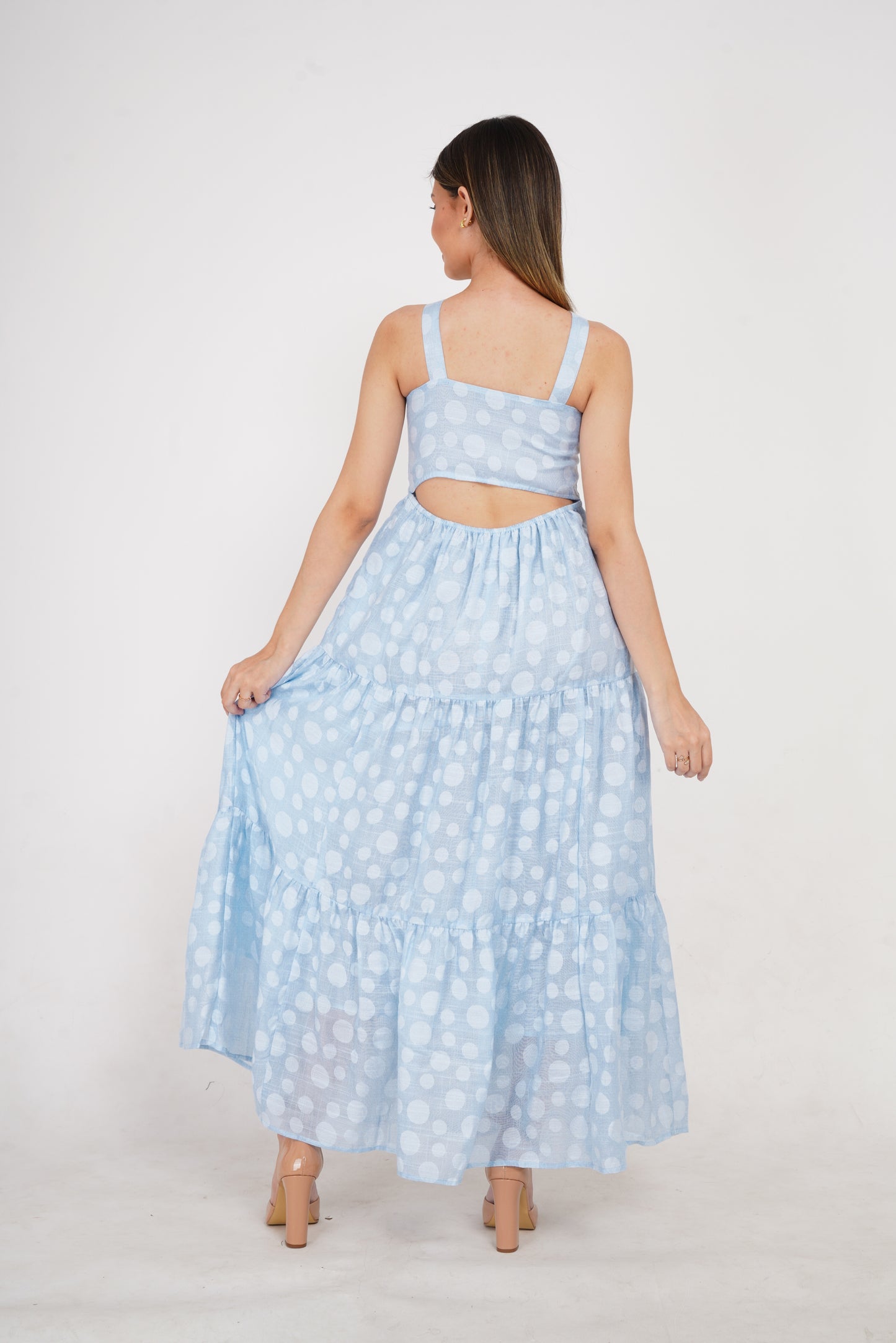 Skyblue Polka Dots Linen Maxi Dress