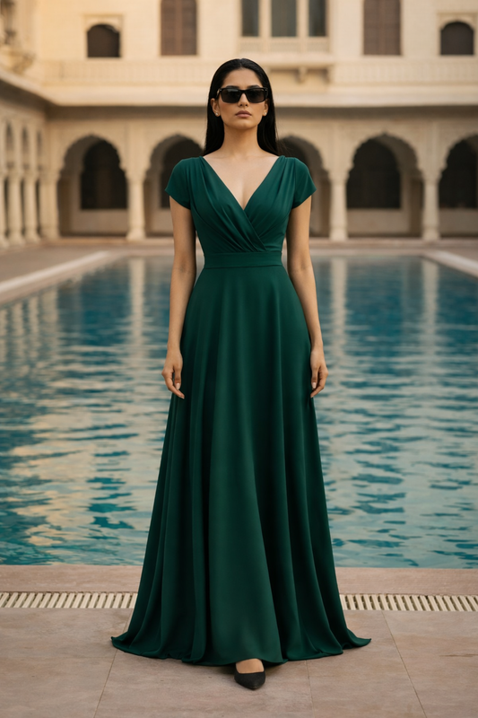 Women’s Solid Emerald Green Maxi Dress | V-Neck Fit & Flare Long Dress | Party, Evening & Resort Wear