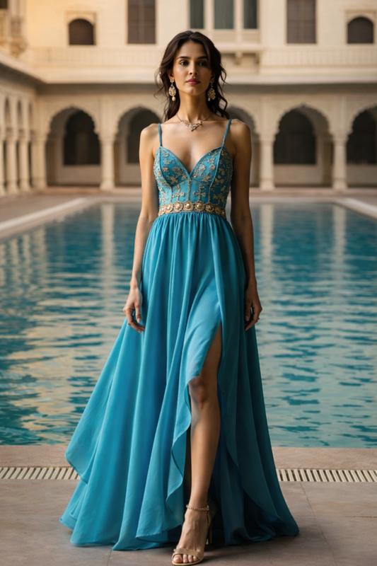 Women’s Teal Blue Embroidered Maxi Dress with Slit | Spaghetti Strap Party & Evening Gown