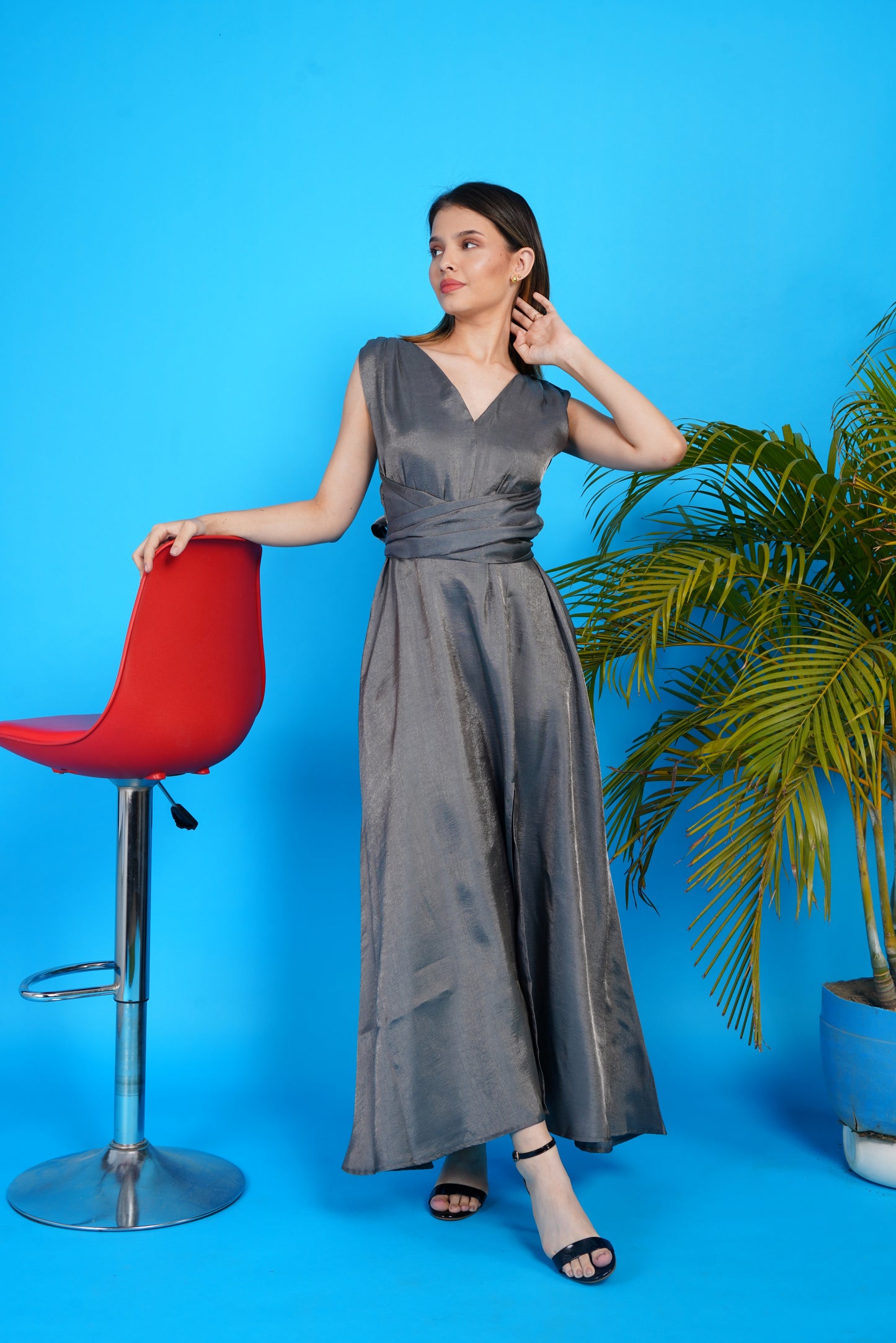 Lustrous Silk Wrap Party Wear Gown-Grey
