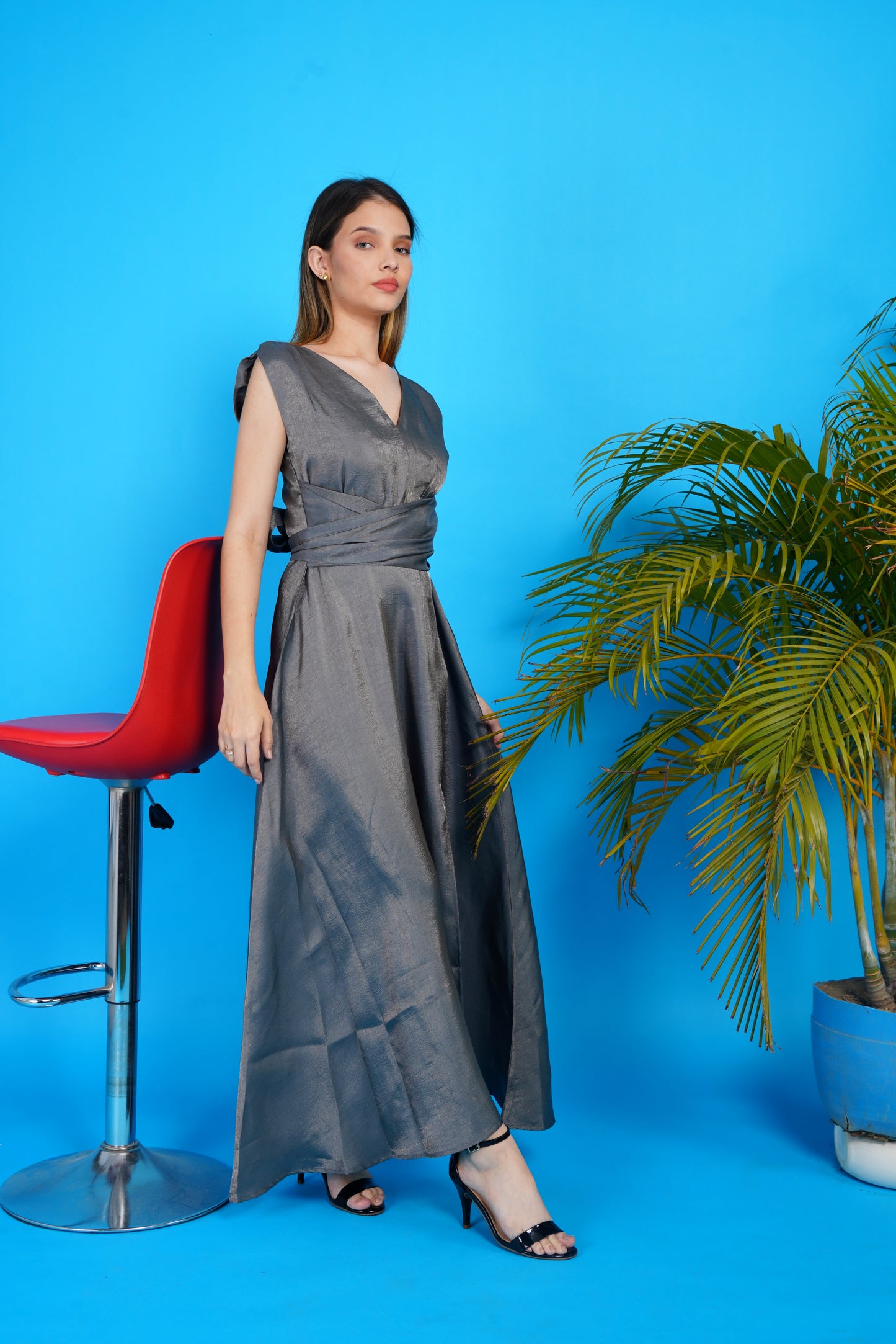 Lustrous Silk Wrap Party Wear Gown-Grey