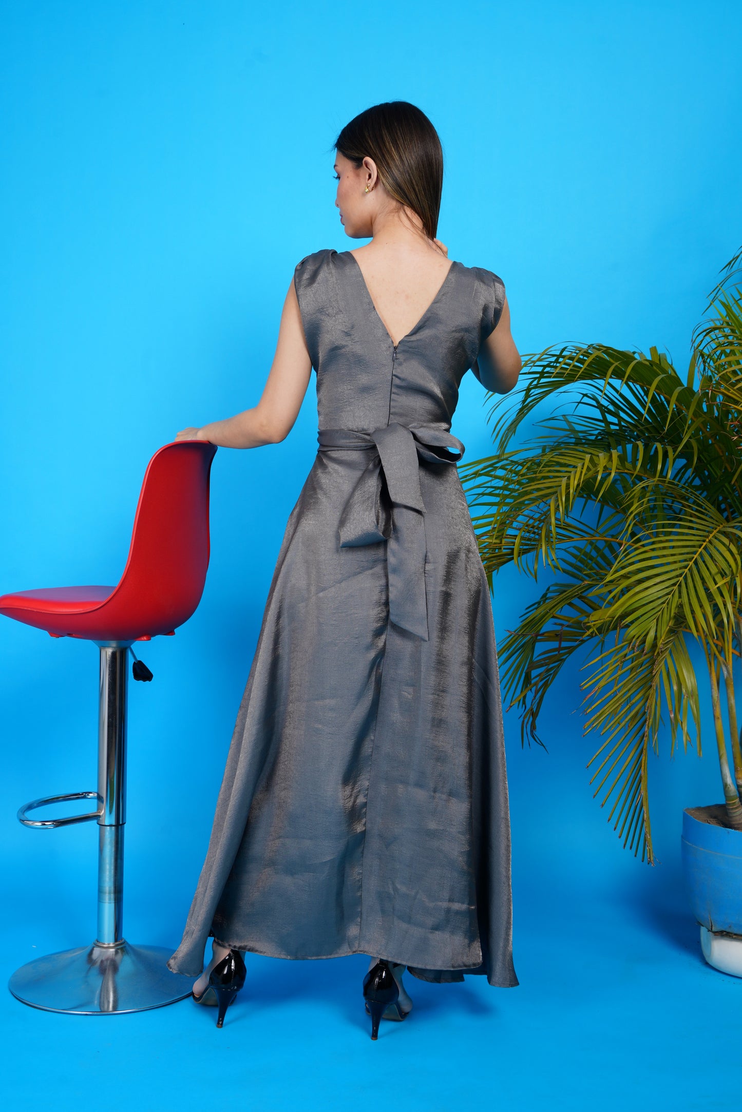 Lustrous Silk Wrap Party Wear Gown-Grey
