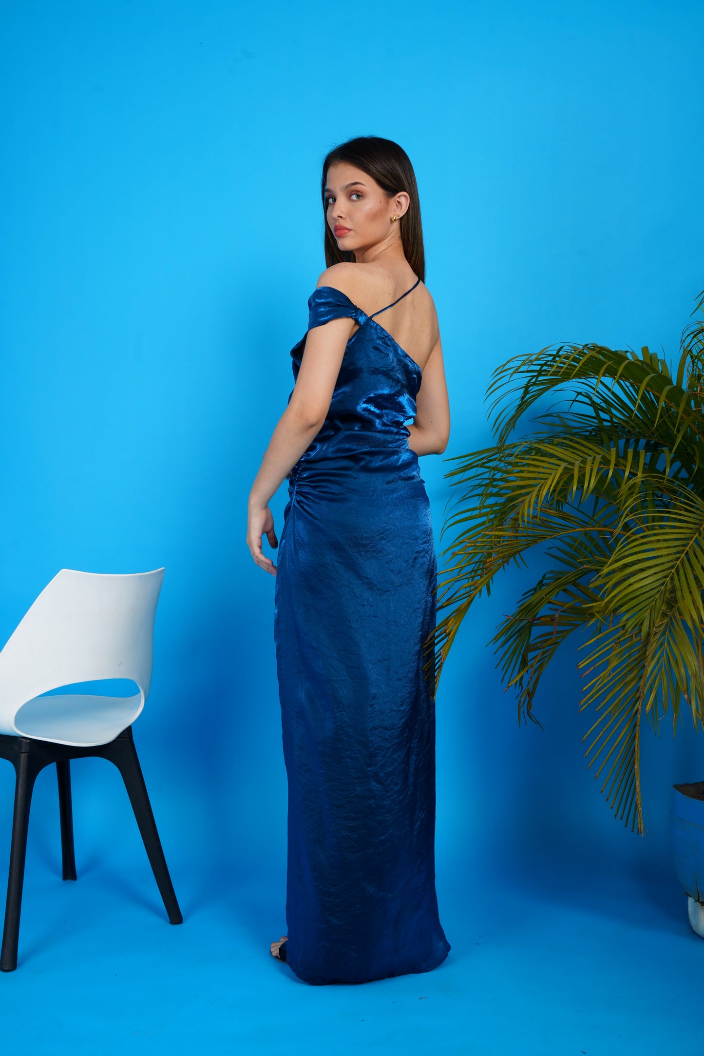 Scintillating Asymmetrical Off Shoulder Gown