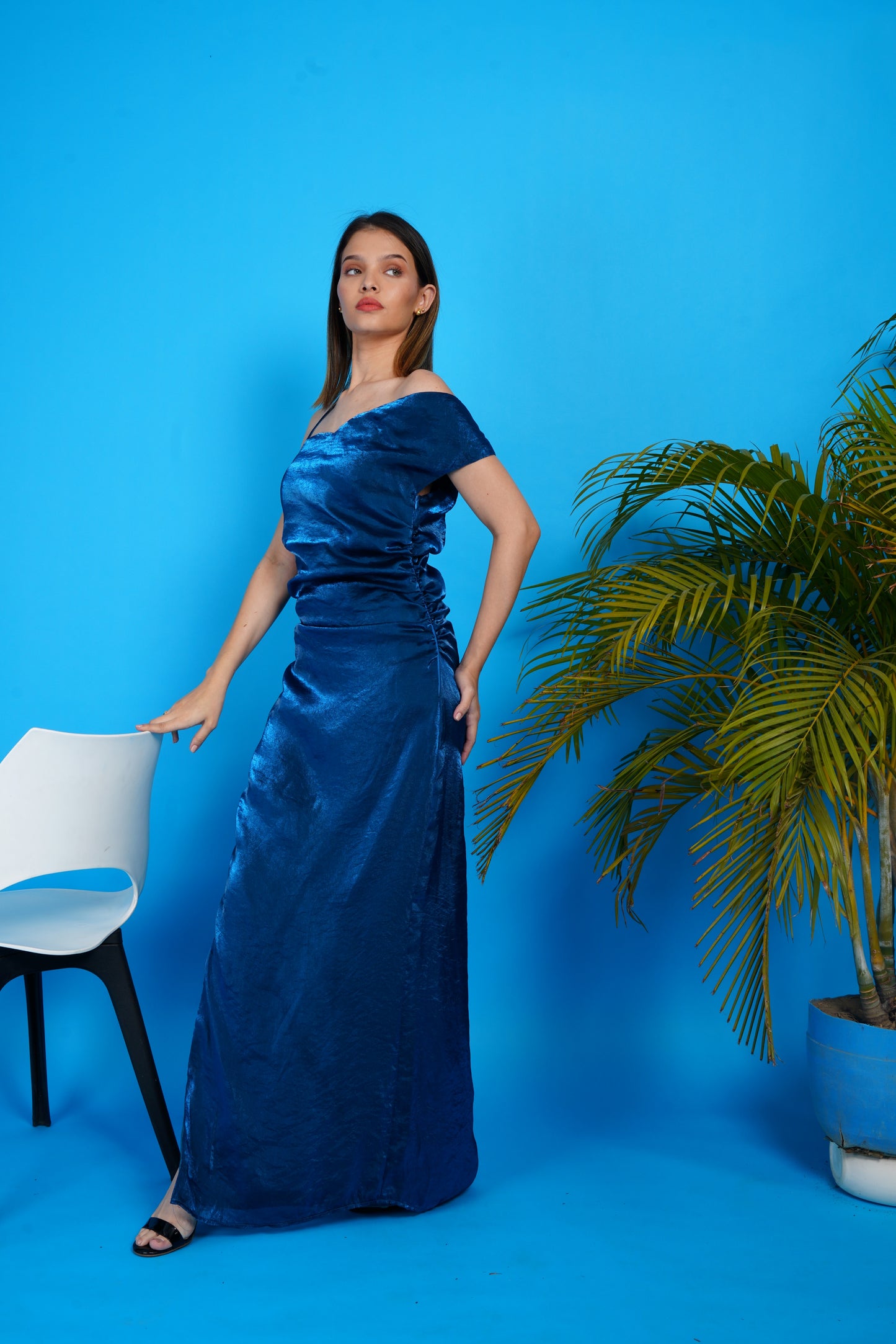 Scintillating Asymmetrical Off Shoulder Gown