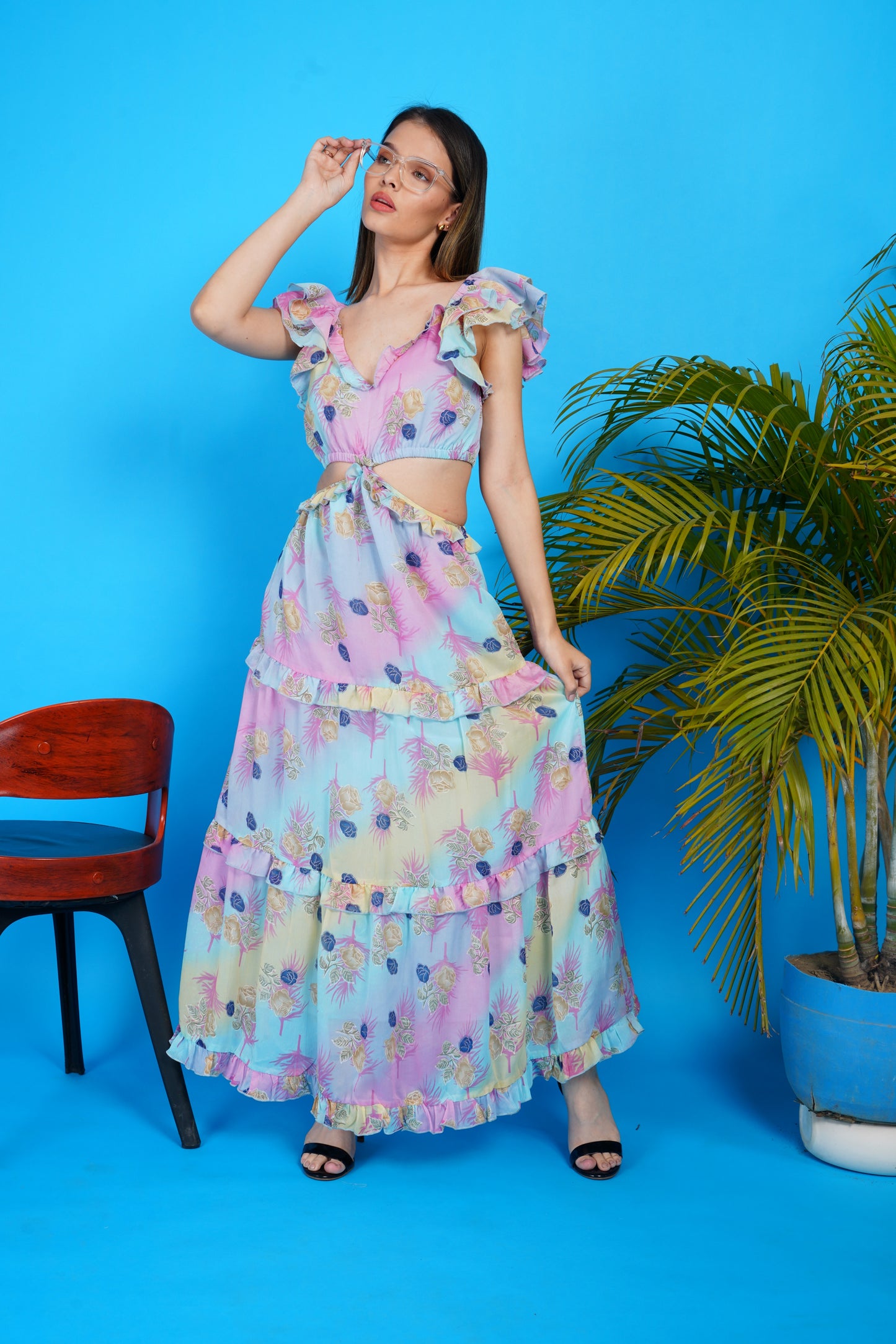 Pastel Bloom Chiffon Cut Out Maxi Dress