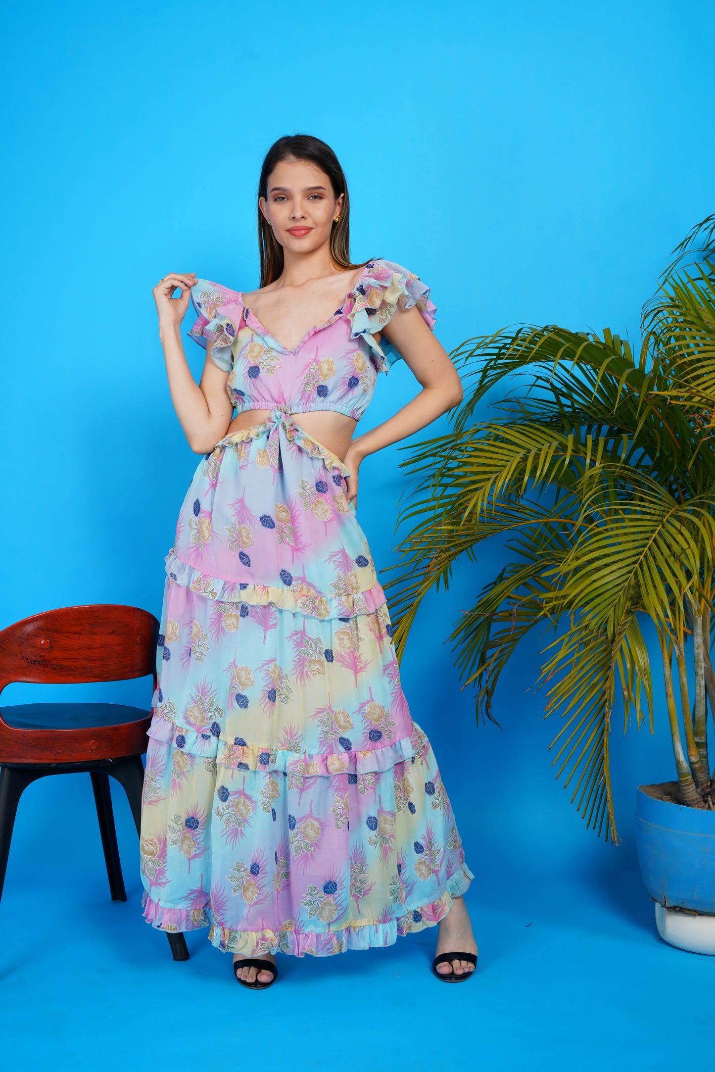 Pastel Bloom Chiffon Cut Out Maxi Dress