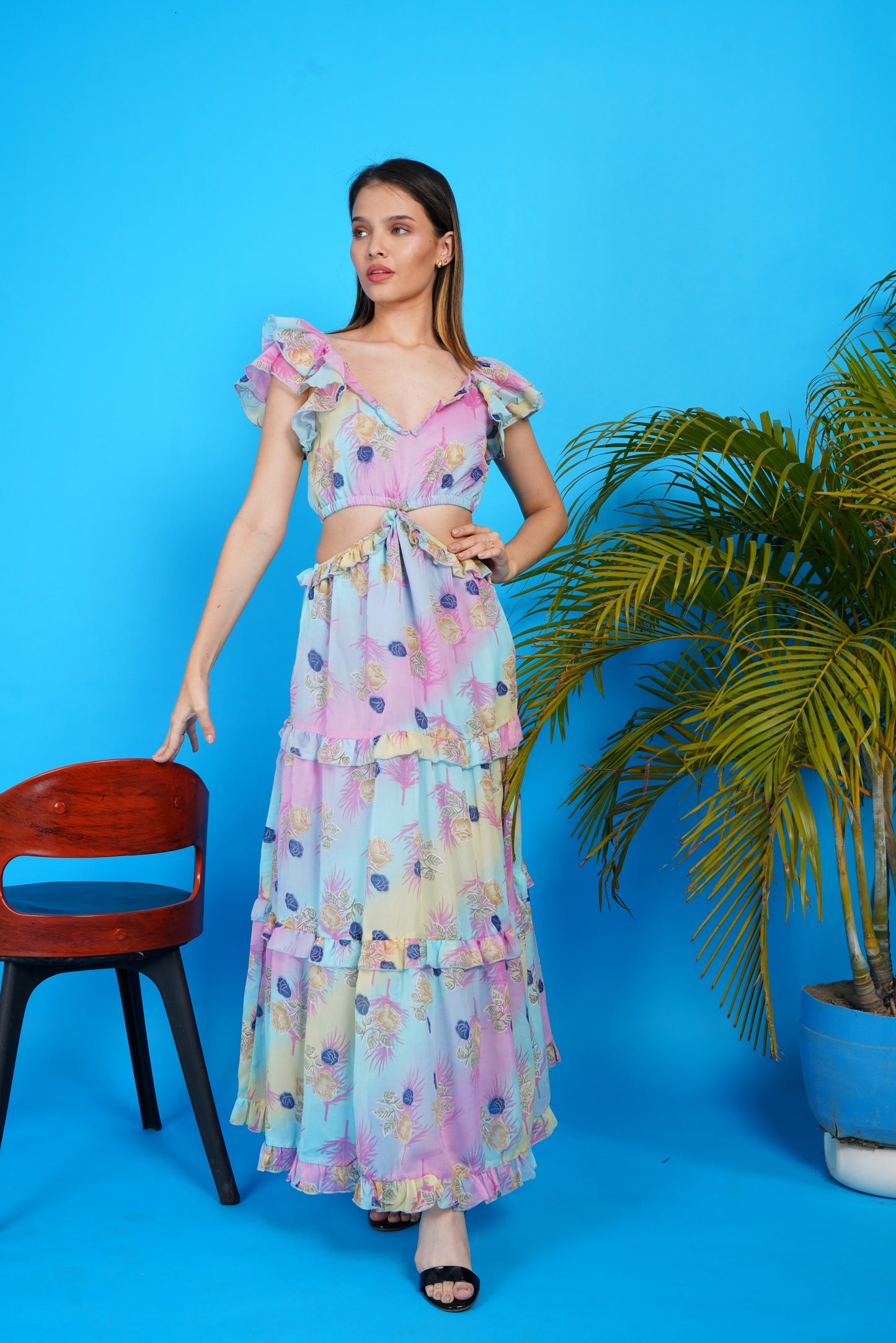 Pastel Bloom Chiffon Cut Out Maxi Dress
