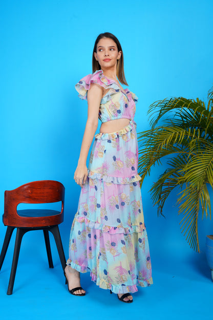 Pastel Bloom Chiffon Cut Out Maxi Dress