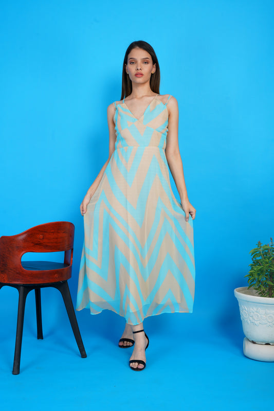 Sky-blue Chevron Chic  Maxi Dress