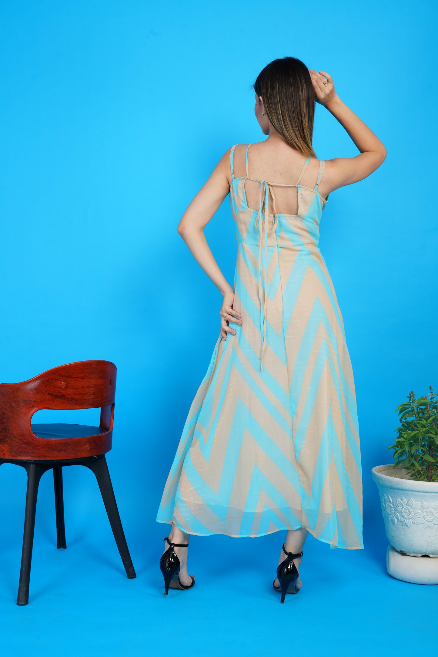 Sky-blue Chevron Chic  Maxi Dress