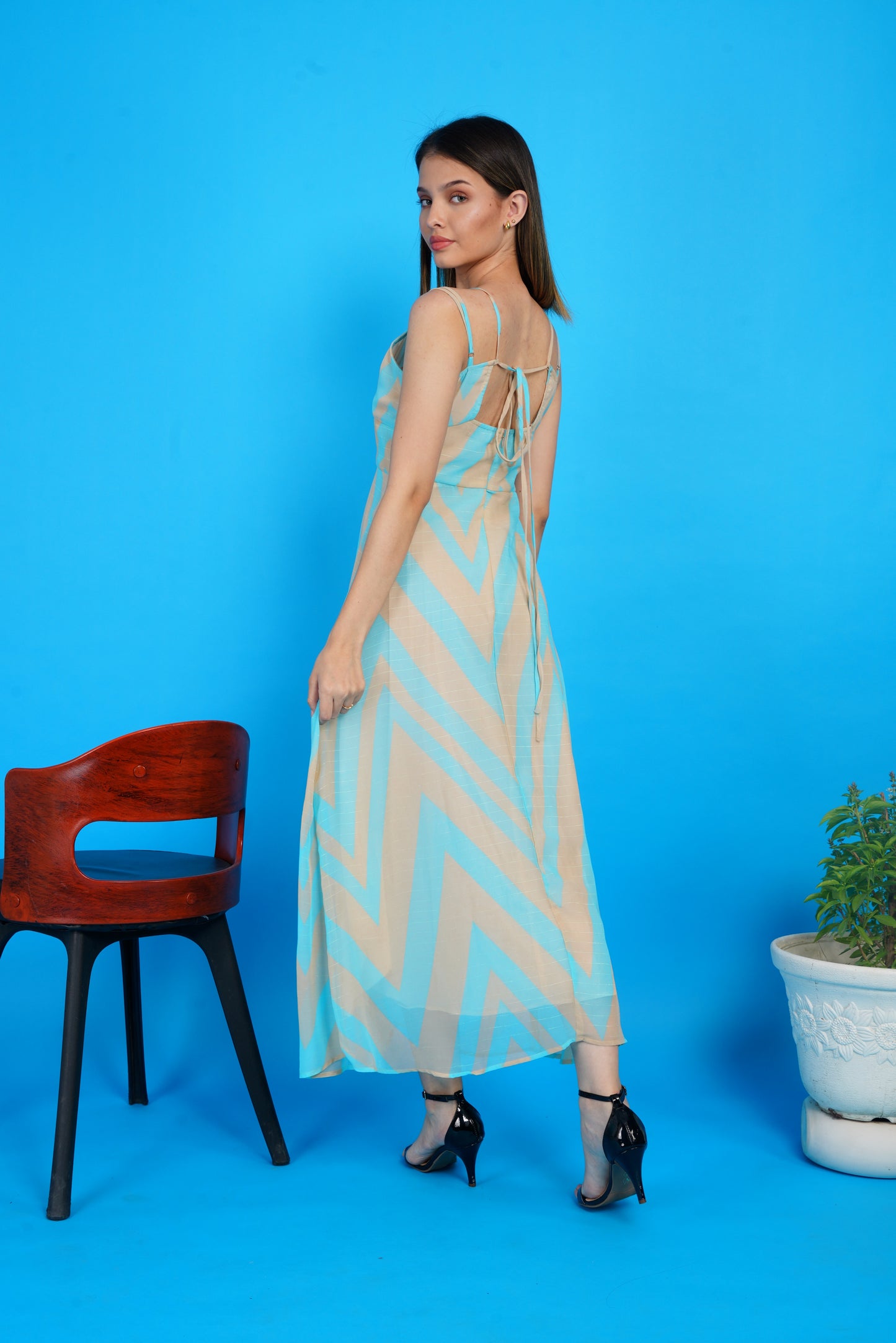 Sky-blue Chevron Chic  Maxi Dress