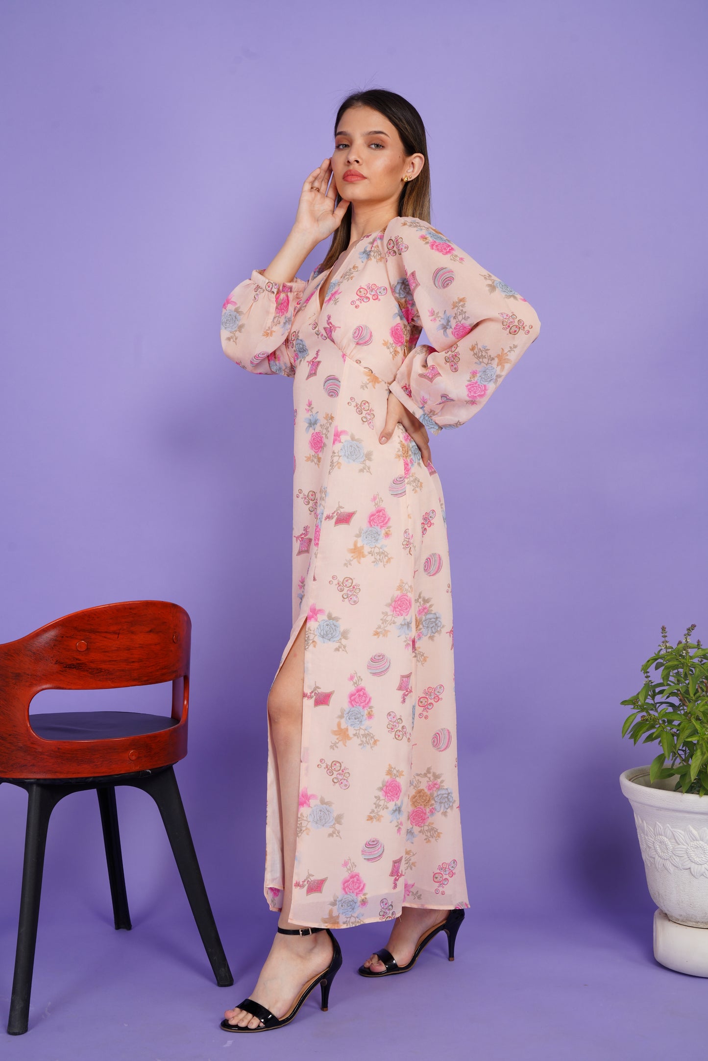Floral whisper slit backless Dress