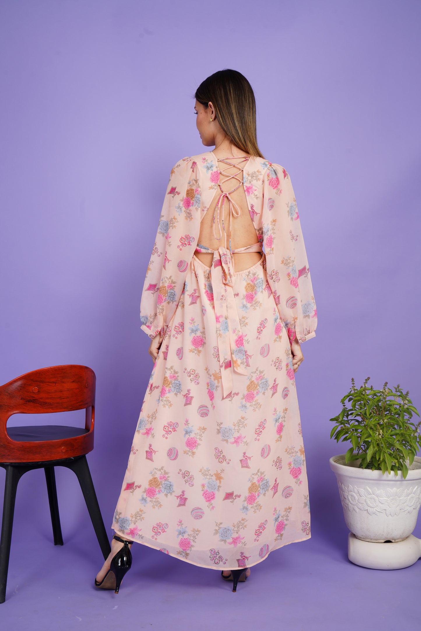 Floral whisper slit backless Dress