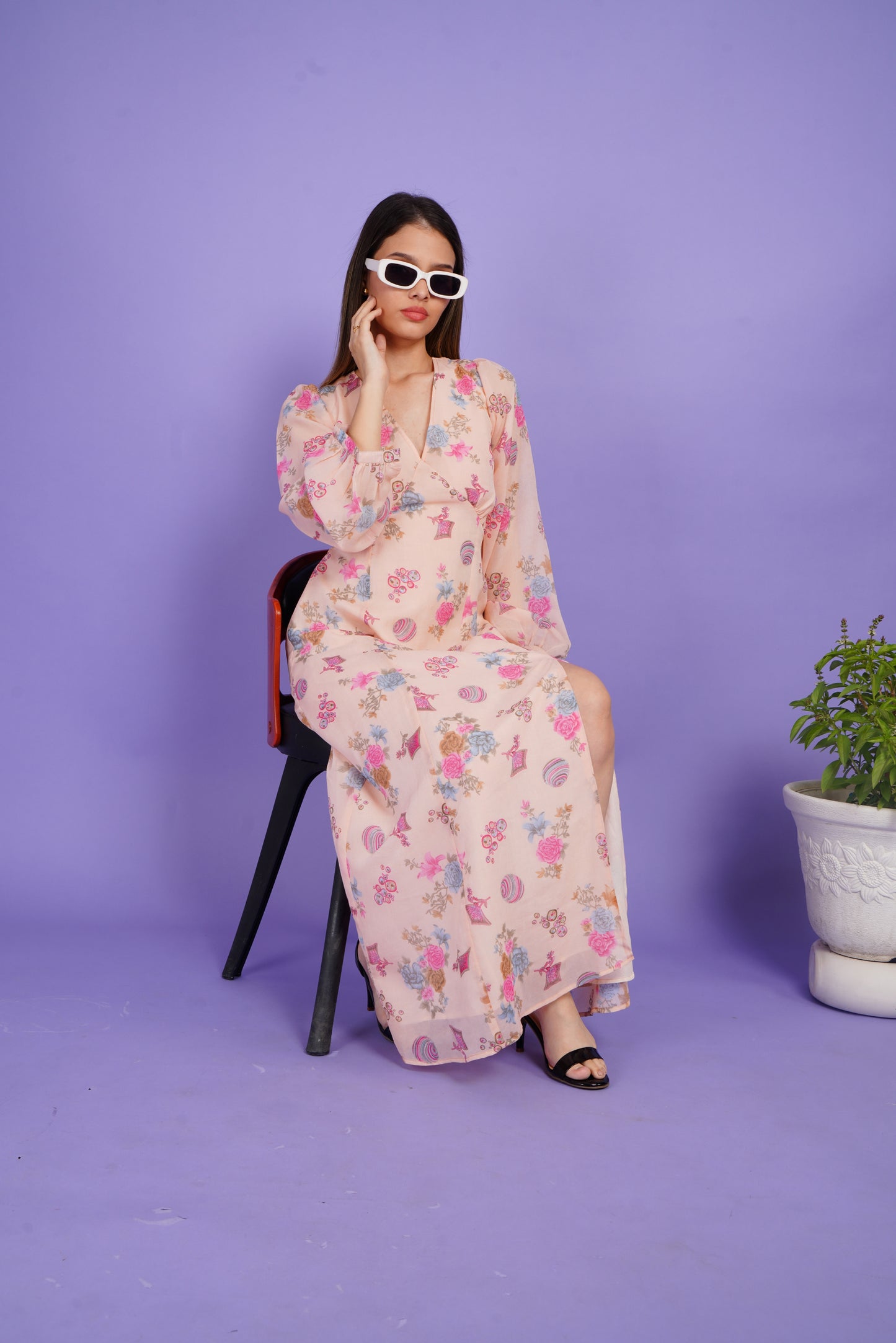 Floral whisper slit backless Dress
