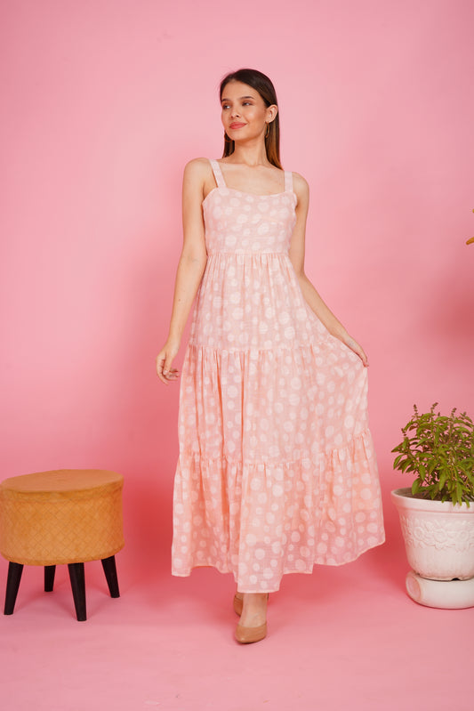 Peach Polka Dots Linen Maxi Dress