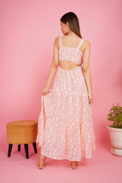Peach Polka Dots Linen Maxi Dress