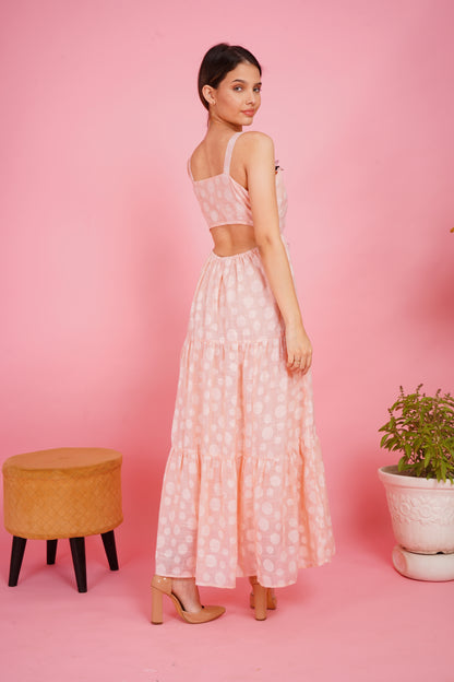 Peach Polka Dots Linen Maxi Dress