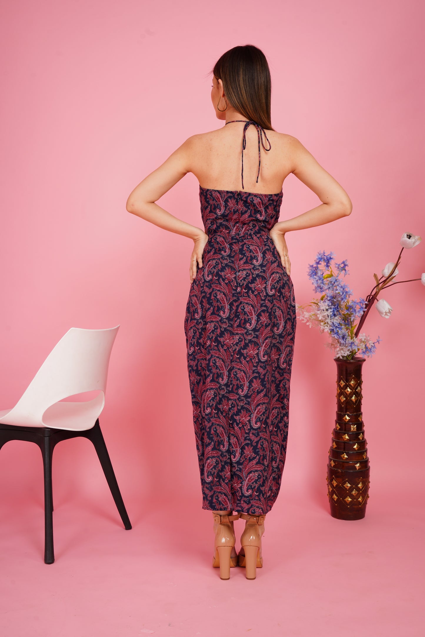 Paisley Cut-out Halter Backless Maxi Dress