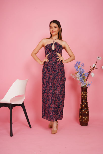 Paisley Cut-out Halter Backless Maxi Dress