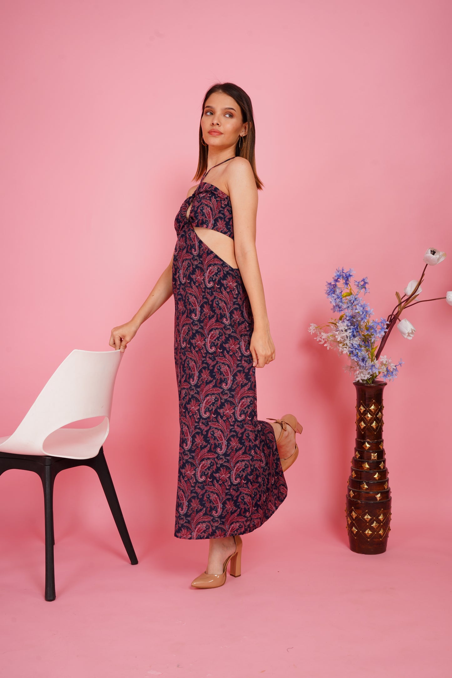 Paisley Cut-out Halter Backless Maxi Dress
