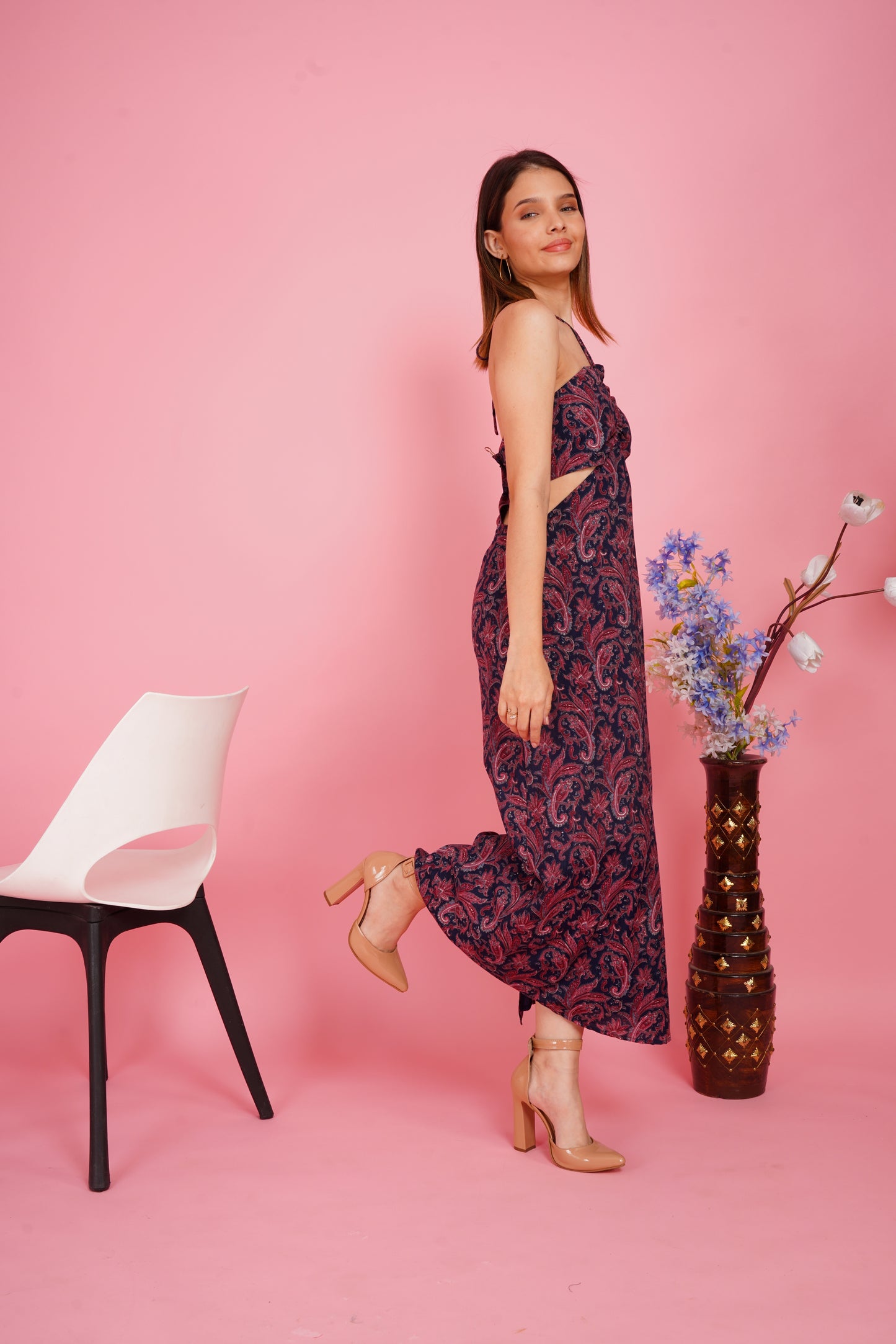 Paisley Cut-out Halter Backless Maxi Dress