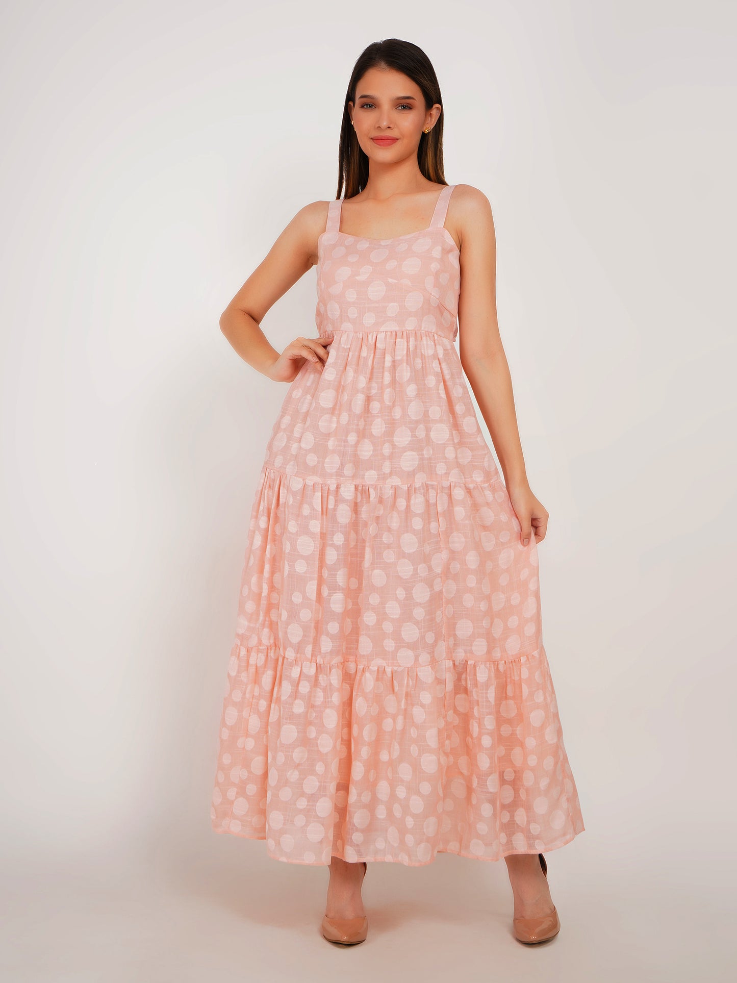 Peach Polka Dots Linen Maxi Dress