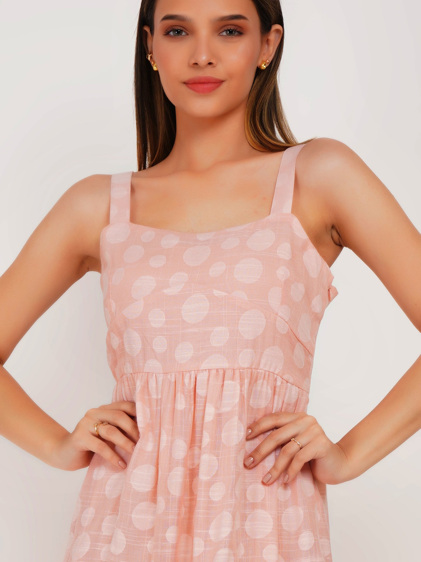Peach Polka Dots Linen Maxi Dress